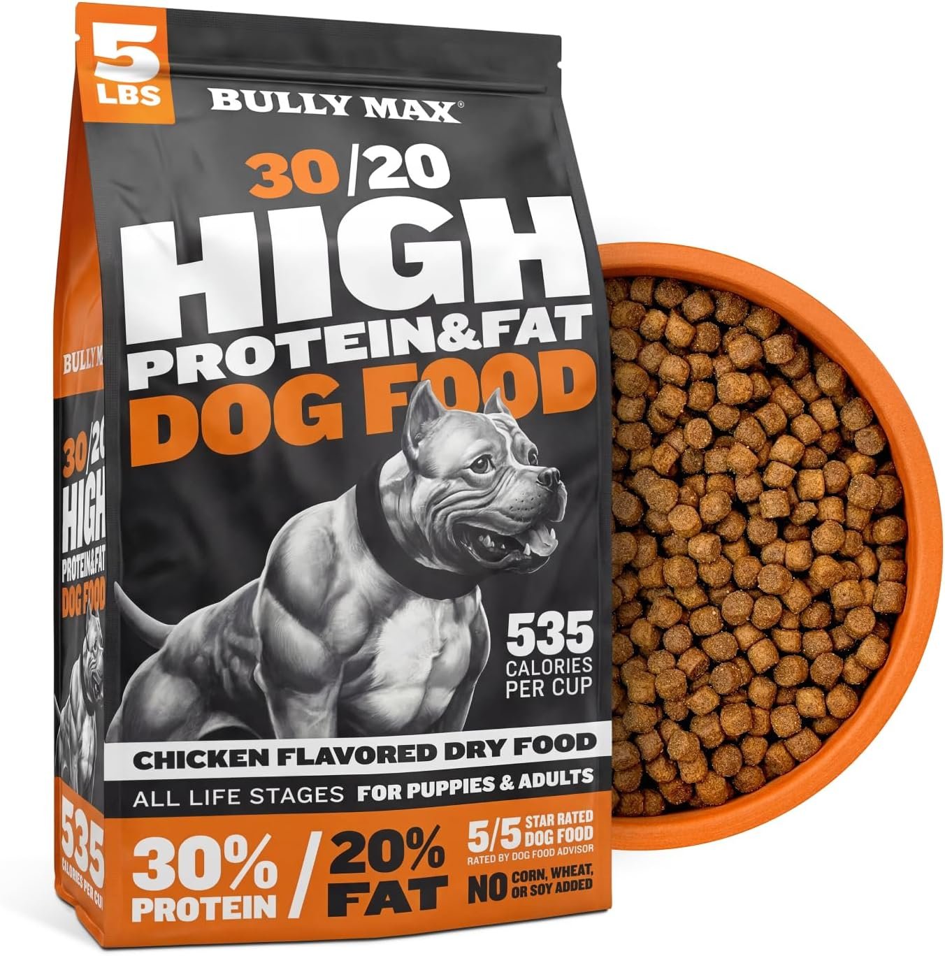 Bully Max High Protein High Calorie Dog Food 30/20 Formula – 535 Cal/Cup for Muscle & Weight Gain – Small & Large Breeds & All Life Stages – No Corn Soy or Wheat, Made in USA, Chicken Flavor, 5 lb Bag