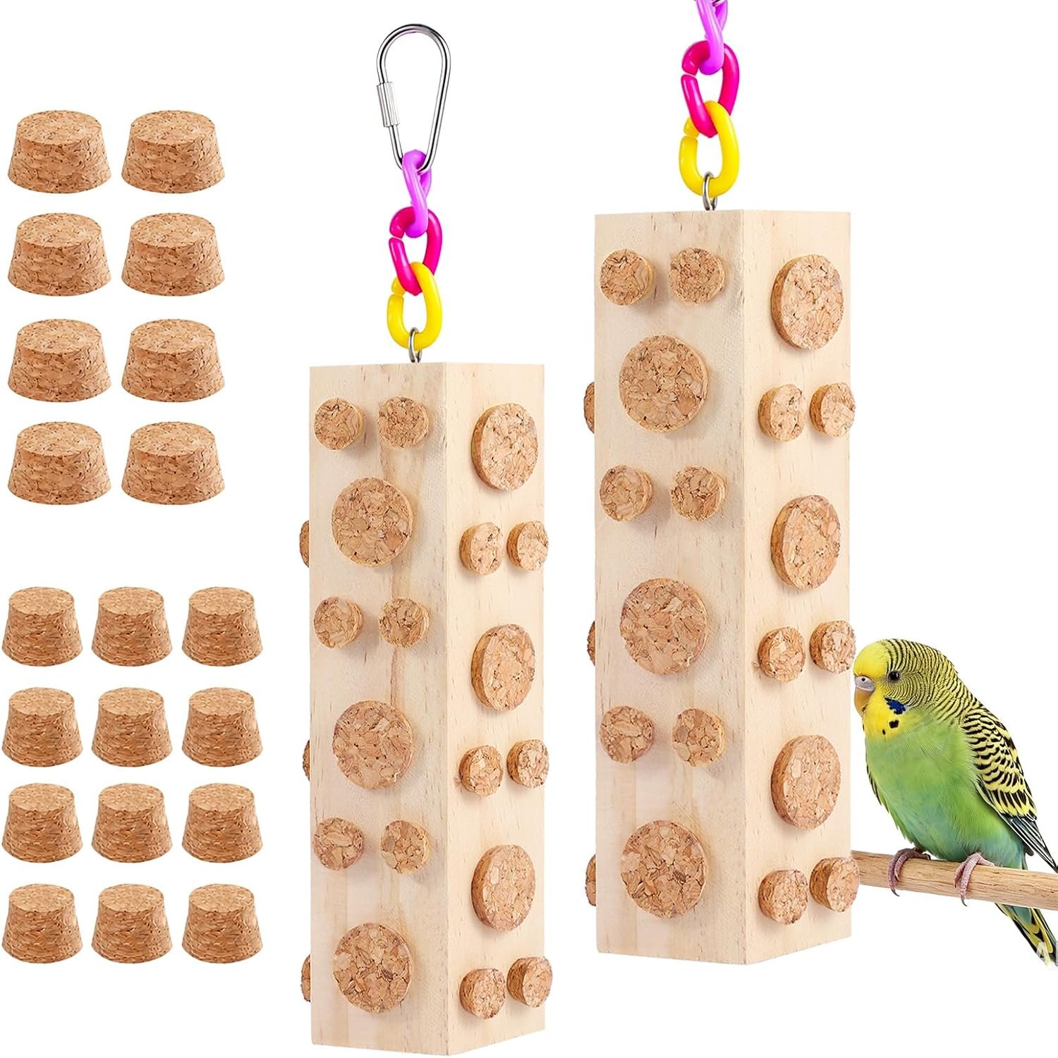 Bird Foraging Toy Parakeet Toys for Budgie, Conure, Cockatiel, Lovebird, and Small to Medium Parrots, 2 Pack Hanging Parrot Toy with 92 Detachable Corks, Natural Wood