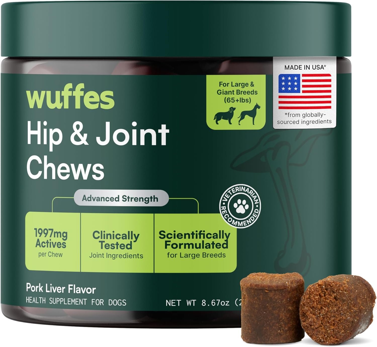 Hip & Joint Chews for Large Breed Dogs, 30 ct | Hip & Joint Supplement for Dogs Over 65 lbs. Made with Glucosamine, Chondroitin and MSM. 3 Months+. Pork Flavored