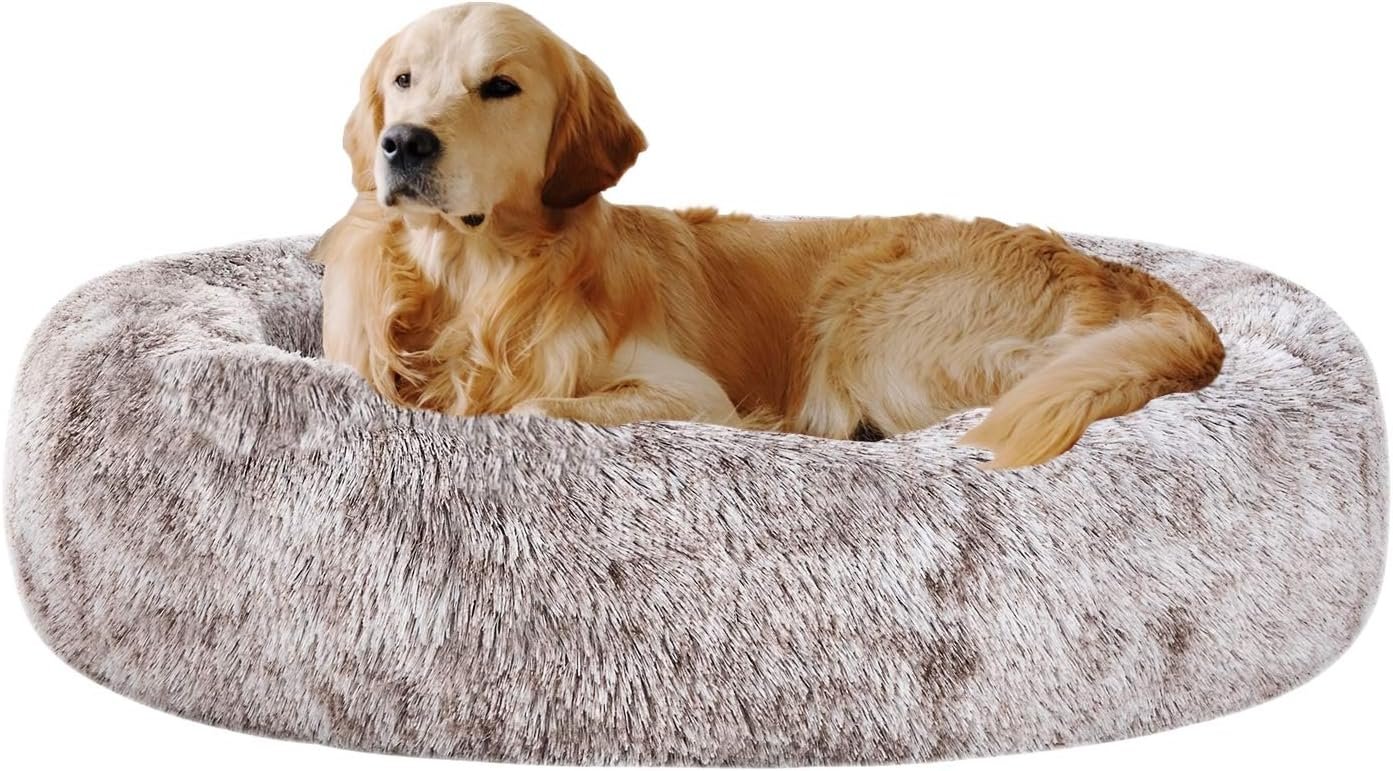 Oval Calming Donut Cuddler Dog Bed,Shag Faux Fur Cat Bed Washable Round Pillow Pet Bed(30″/36″/43″) for Medium Dogs (XL(36″x27″x7″),Light Brown)