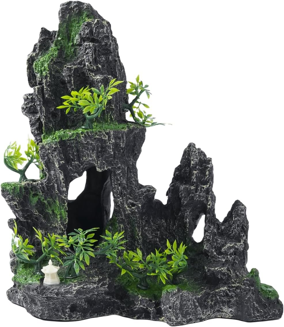 Large Fish Tank Decorations – Mountain View Aquarium Ornament with Tree House Cave Bridge,Resin, 10.24×9.45×5.12 inches, C