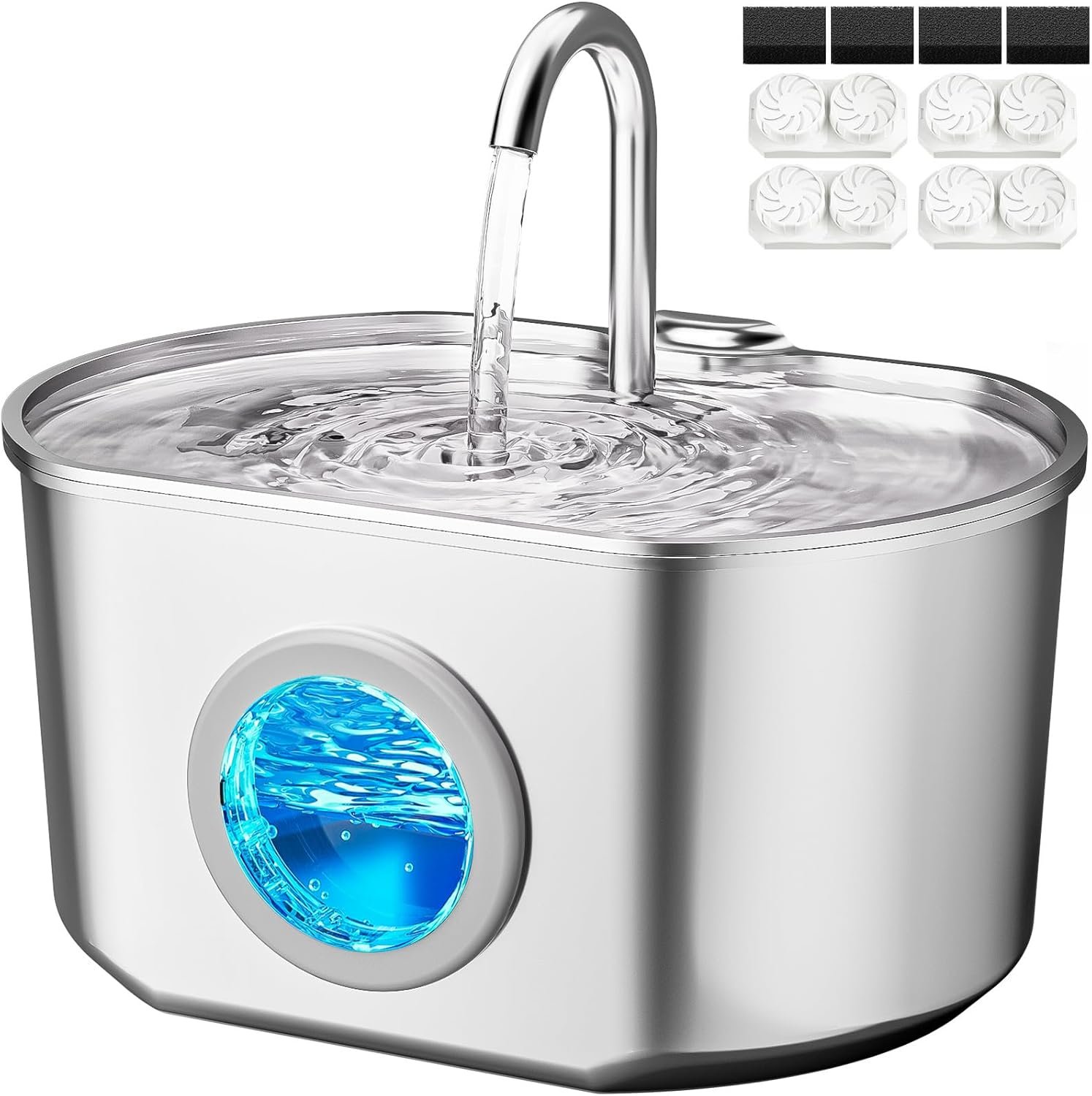 Cat Water Fountain Stainless Steel: 74oz/2.2L Cat Fountain for Drinking | Pet Water Fountain Inside – Automatic Dog Watering Dispenser Bowl – Pet Feeding & Watering Supplies (4 Filters)