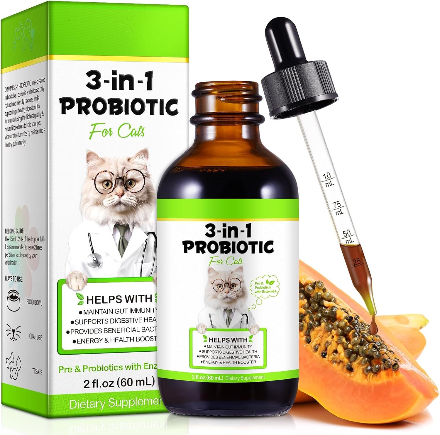 3 in 1 Probiotics for Cats Help with Gut, Upset Stomach, Diarrhea, Bloating | Cat Digestive, Immune Support with Digestive Enzymes, Prebiotics & Probiotics – 60ml for Cats of All Ages