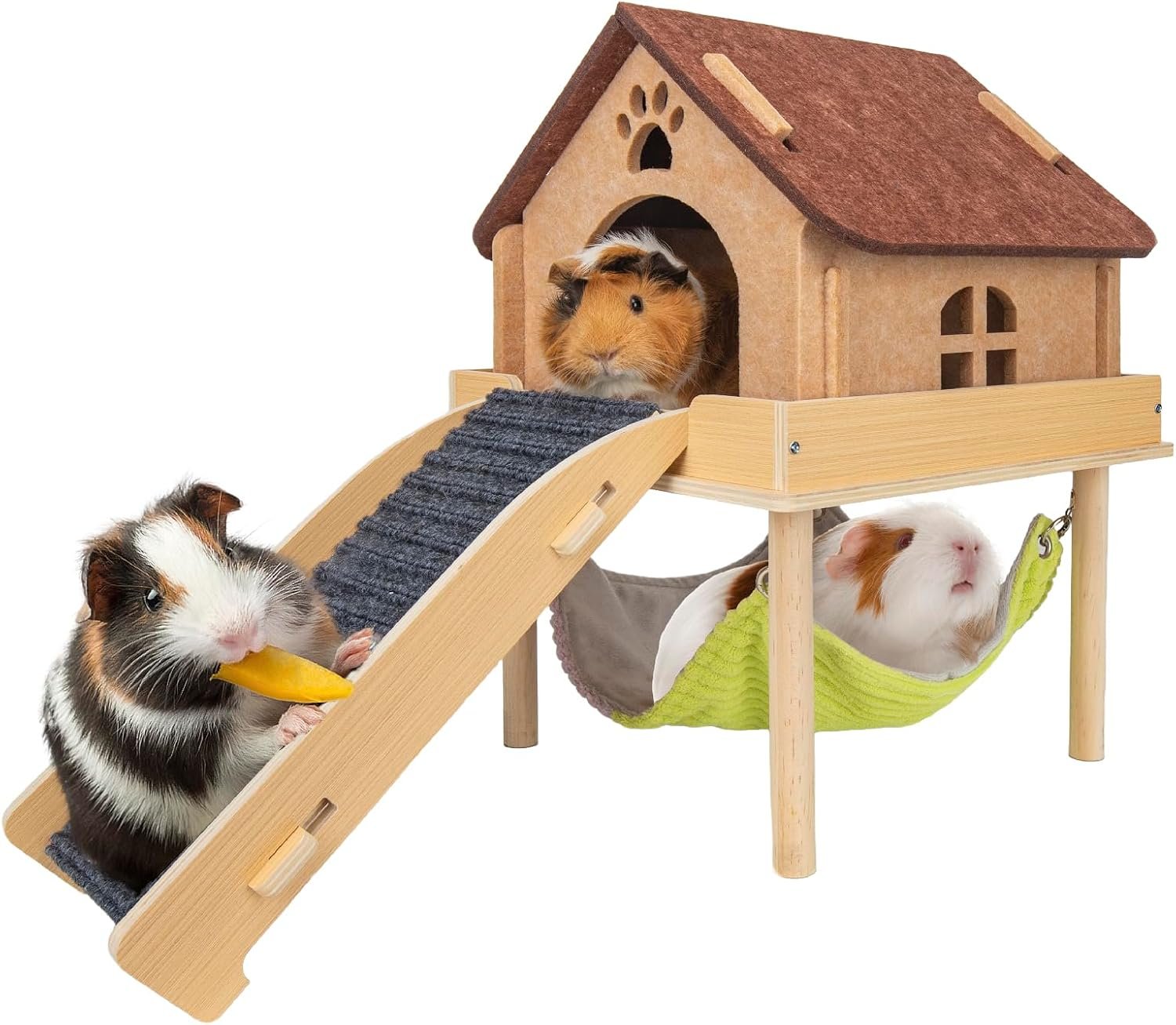 BESNEW 3 in 1 Enlarged Guinea Pig Hammock,Wooden Guinea Pig Hideout with House & Platform & Stairs Small Animal Toys for Hiding Sleeping Activities