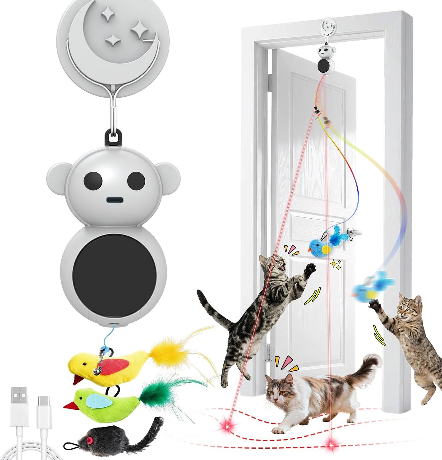 Interactive Cat Toys for Indoor Cats: 2-in-1 Laser Pointer Cat Toy with Automatic Flying Bird & Mouse Wand, Adjustable Speed USB Rechargeable Doorway Hanging Toy for Bored Kittens and Adult Cats