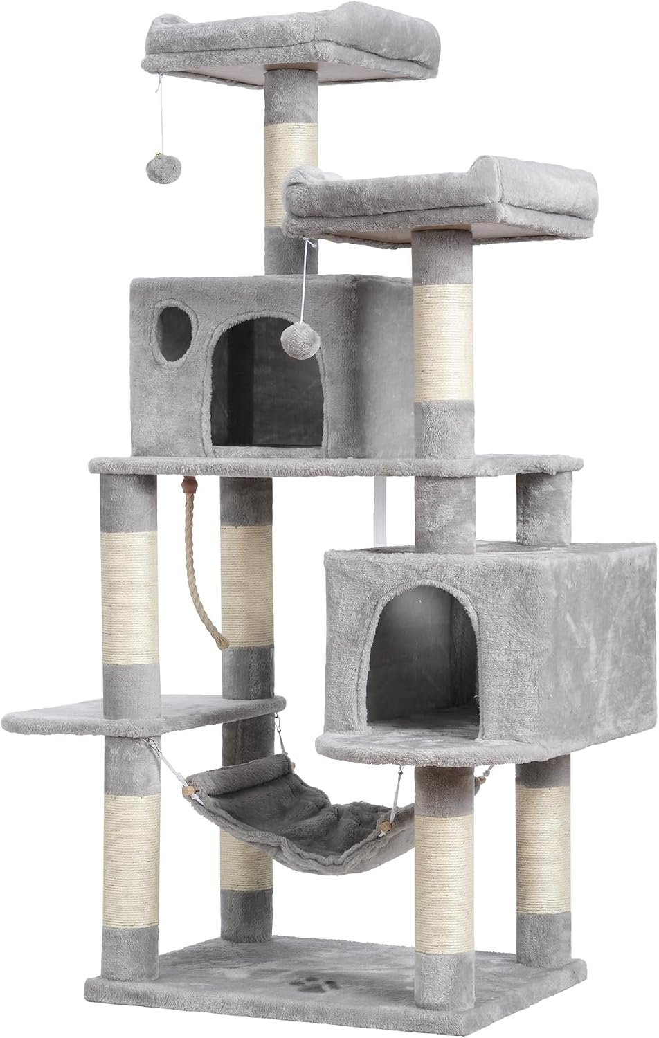 Hey-brother Cat Tree Tower with Sisal Scratching Posts, Big Condo, MPJ020W | 53.7 Inches Multi-Level Cat House with 2 Bigger Plush Condos, 2 Platforms, Hammock, Toy Balls for Indoor Cats, Light Gray
