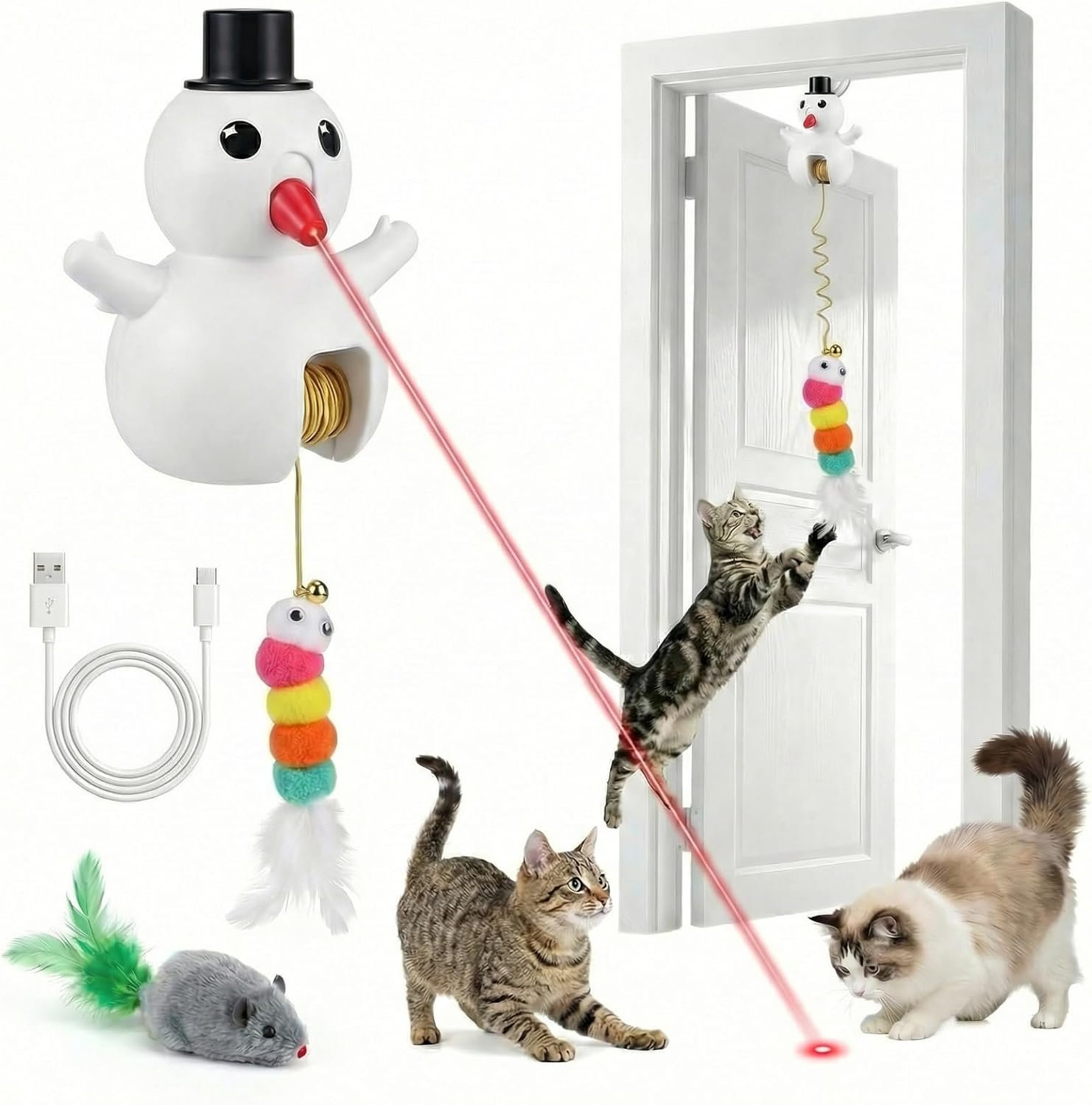 Luxelle Interactive Cat Toy for Indoor Cats, Automatic Hanging Cat Toy with 6.5ft Retractable Elastic Cord, Motion & Laser Play Modes, USB Rechargeable, Wall & Door Mount Toy