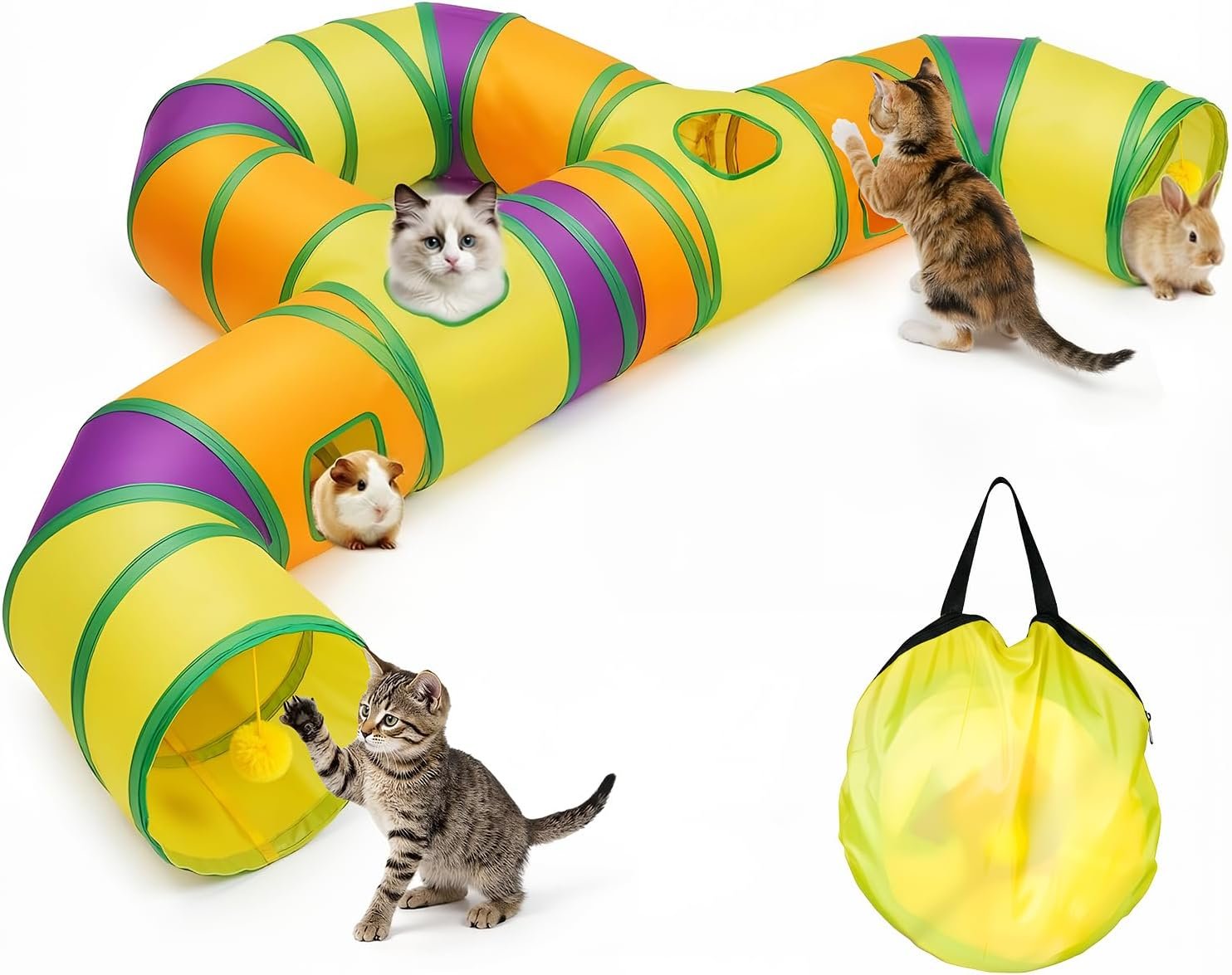 Cat Tunnel for Indoor Cats Large, Collapsible Cat Playhouse Pet Play Tunnel Tube Maze with Hanging Pom-Poms and Interactive Holes for Kitten, Kitty, Puppy, Rabbits, Ferret, Guinea Pig