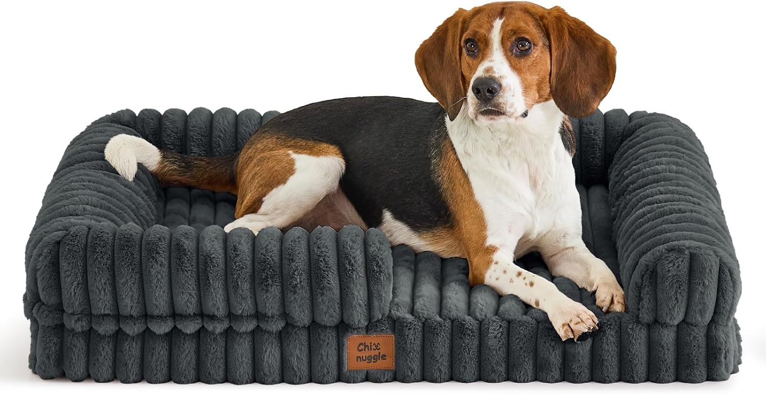 ChiXnuggle Faux Fur Orthopedic Dog Bolster Bed, Waterproof Washable Cover | rectangular dog sofa couch,egg crate foam,non-slip bottom,for large dogs,dark grey,35*28*7