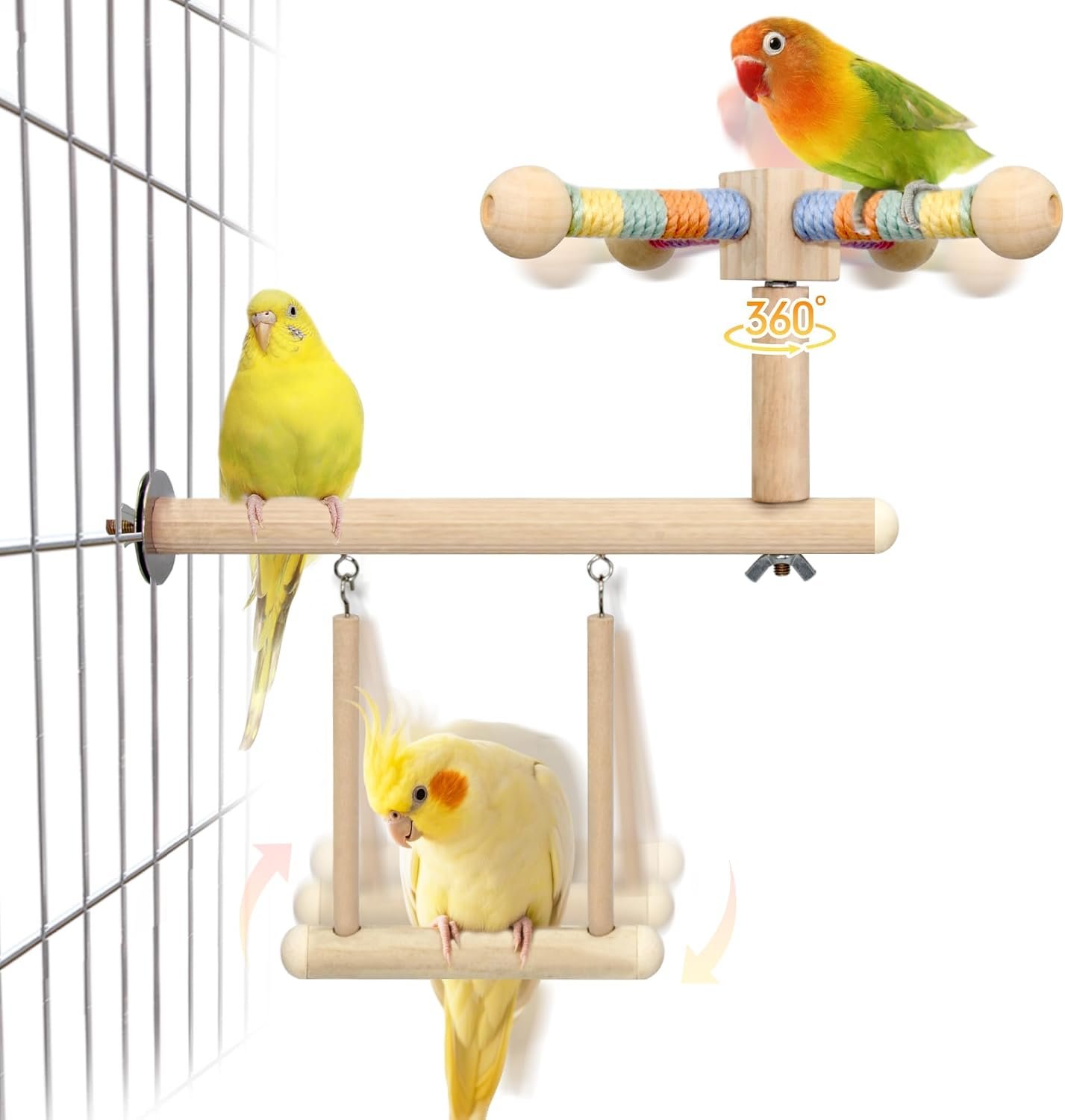 Bird Spinning Perch & Swing Toy Combo, Multi-Functional Parrot Toy | Bird Toys for Parrots with 360° Spin Function, Hanging Parakeet Swing Cage Toys, Wooden Activity Gym for Cockatiel Lovebird