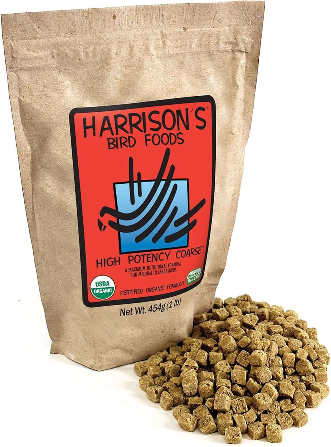 Harrison’s Bird Foods High Potency Coarse—Maximum Nutritional Formula for Small to Medium Birds, Certified Organic Non-GMO Pet Bird Food, Vet-Developed, Suitable for All Life Stages, 454 g/ 1 lb