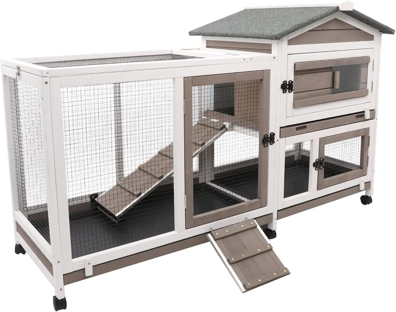 Gowoodhut Rabbit Hutch Indoor Outdoor 2 Story Bunny Cage with 3 No Leak Trays,55.31″ L Guinea Pig Cages Rabbit Cage with 6 Wheels for Guinea Pig,Rabbit for Rabbit Lover|Pet Lover(White/Grey)