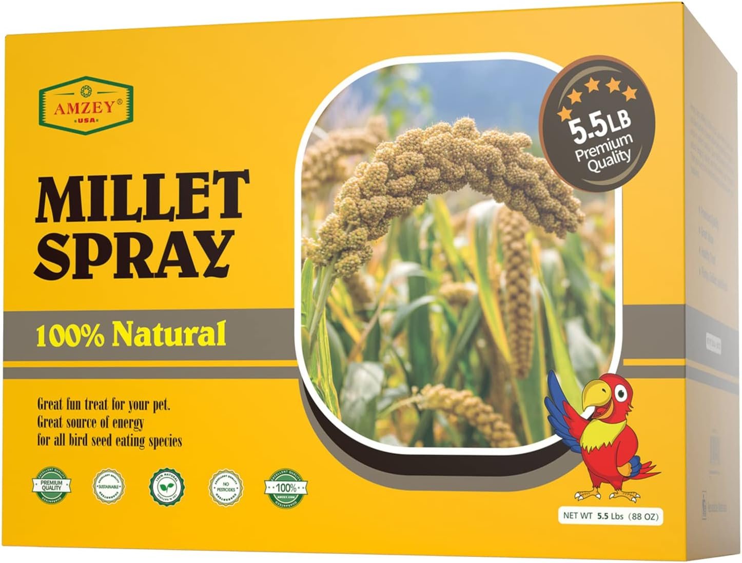 Amzey 5.5LB Spray Millet for Parakeets, 100% Natural Sun-Dried Healthy Bird Treat, Non-GMO High Protein Fresh Millet Spray for Parrots, Cockatiel, Finches & Lovebirds