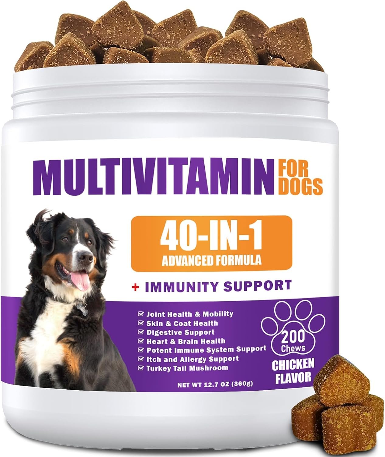 40 in 1 Dog Vitamins and Supplements 200Ct Dog Multivitamin Chewable, Immunity Support Multivitamin Vitamins with Turkey Tail Mushroom, Skin & Coat, Mobility, Gut & Heart Health, Hip & Joint Support