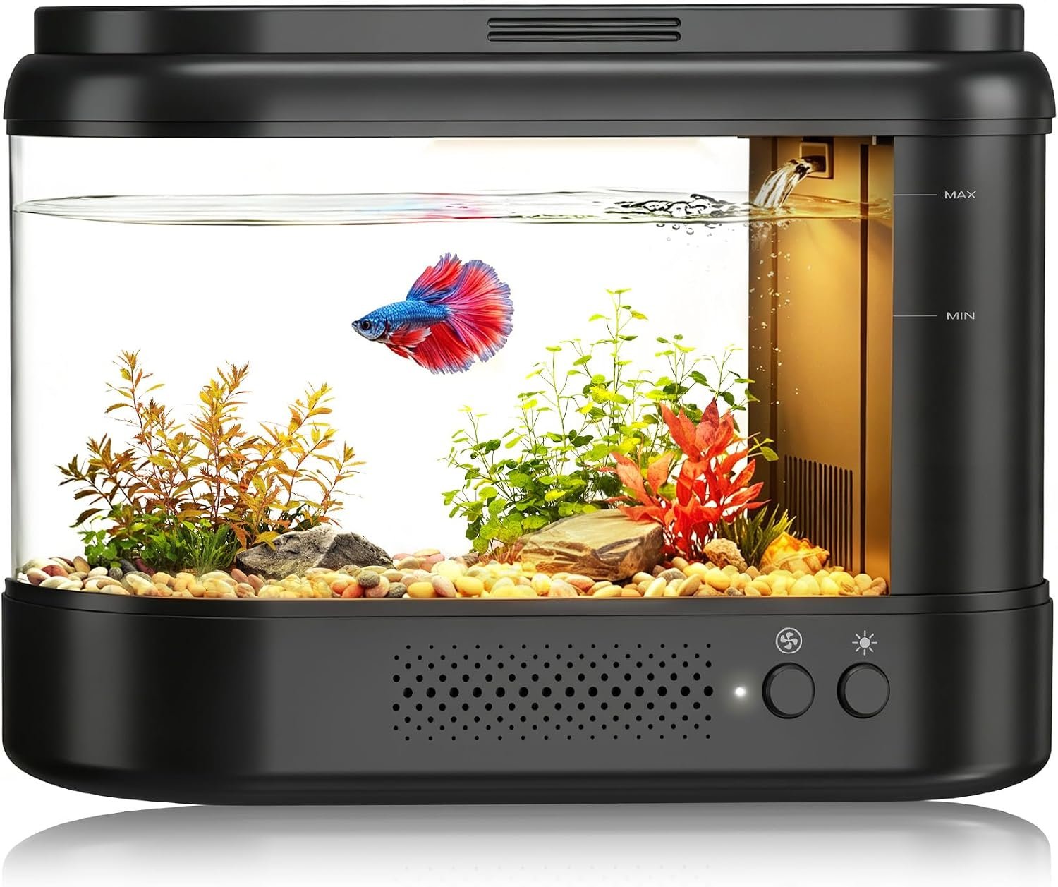 Betta Fish Tank Black 1 Gallon Acrylic Small Aquarium Kit | with Water Filter Pump & LED Light,Quiet Office Desktop Fish Bowl for Small Fish,Plants and Shrimp