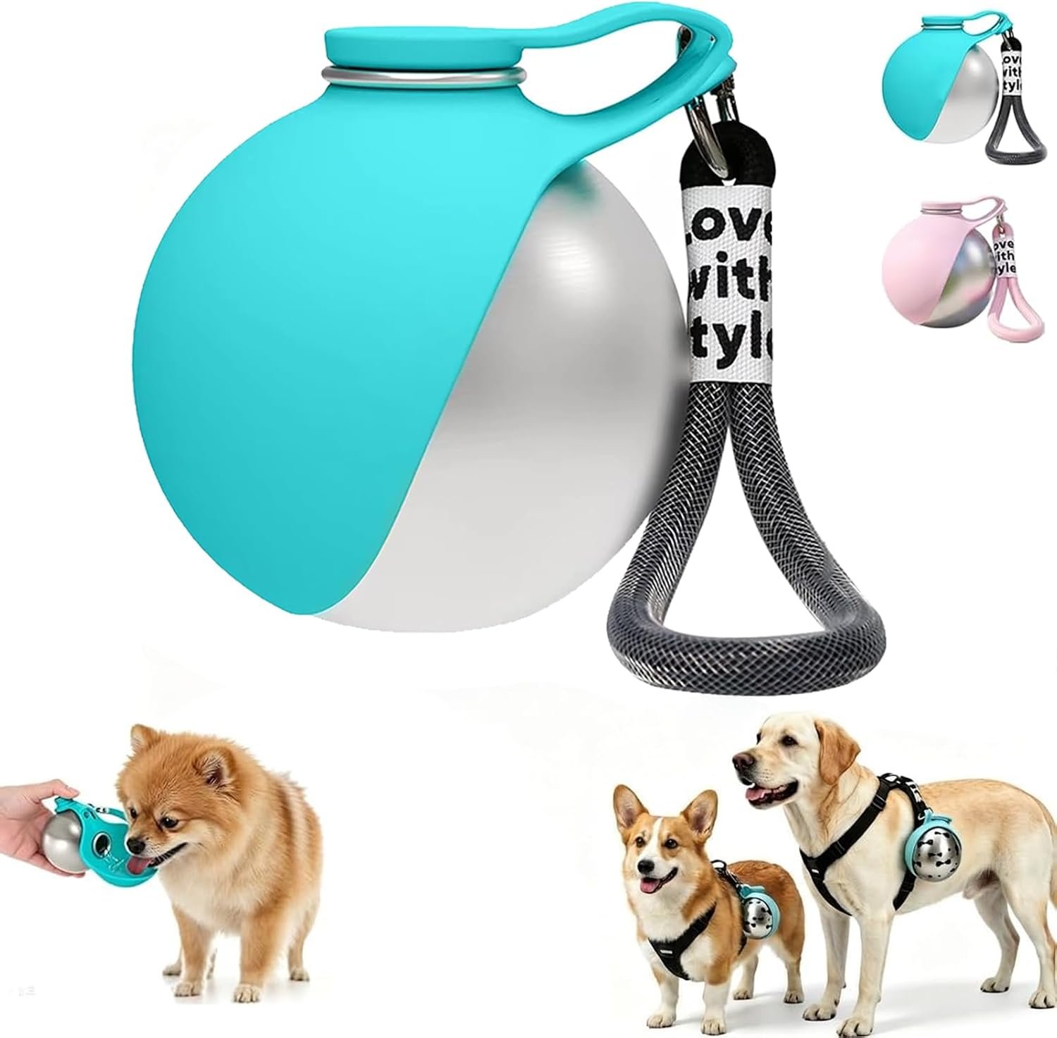 2 in 1 Portable Tumbler for Dogs, Portable Dog Water Ball, 10oz Stainless Steel Pet Water Dispenser with Silicone Foldable Bowl, Leak Proof, Portable Small Dog Water Bottle for Walking, Hiking(Blue)