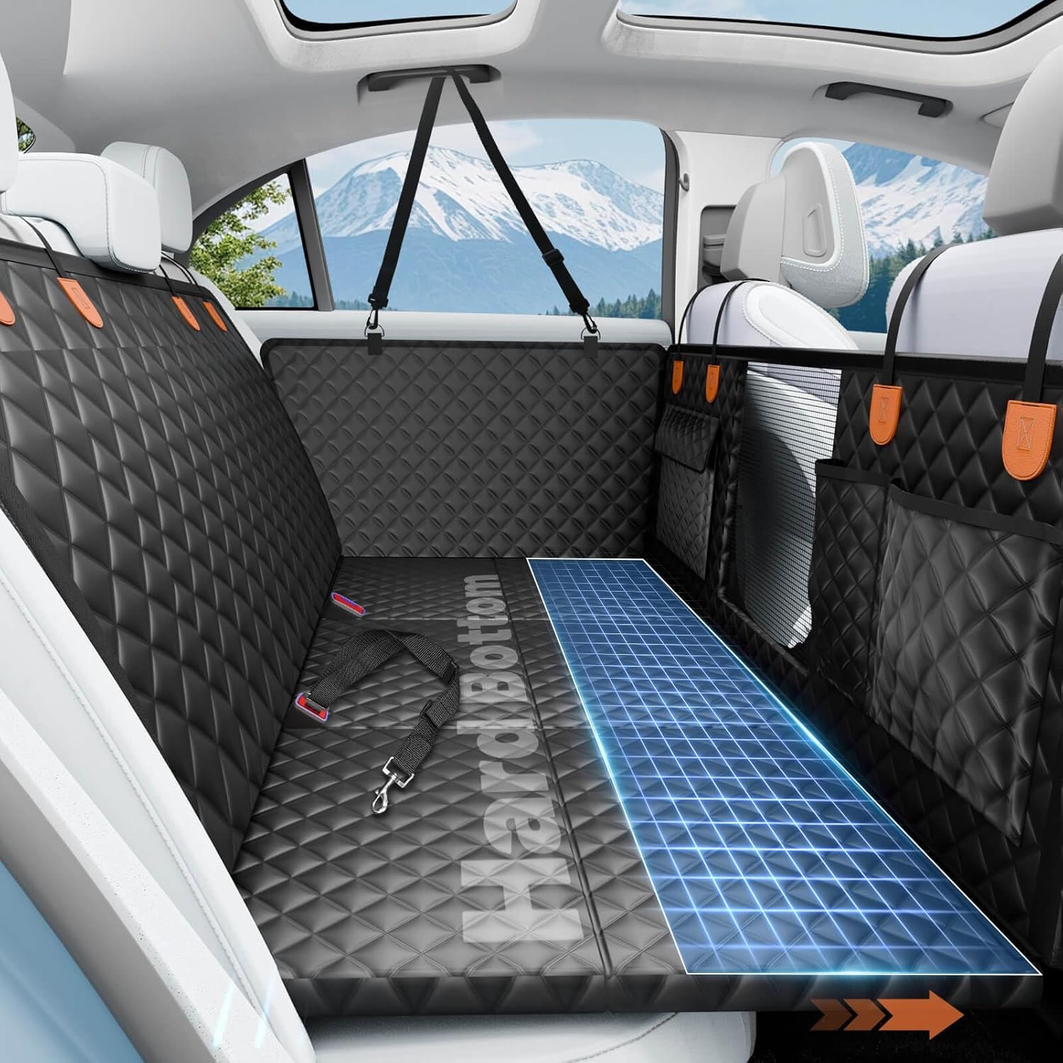 Dog Car Seat Cover for Back Seat, Hard Bottom Hammock Hold 400lbs For Cars | Waterproof,Anti-Scratch,Safety Non-Slip,600D Oxford,Mesh Window,Storage Pocket