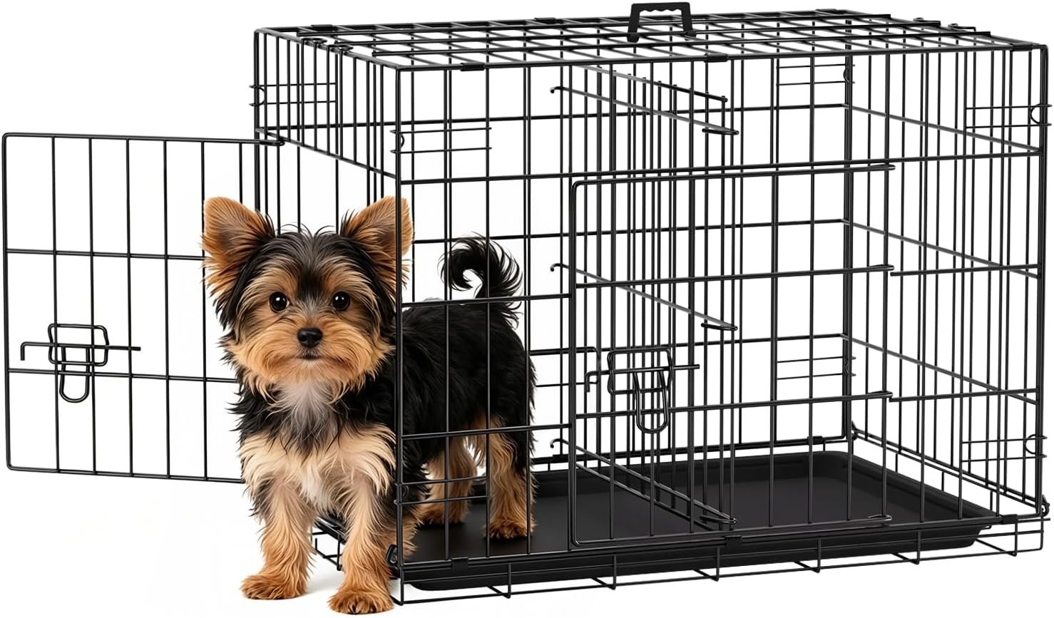 FDW | 24″ Foldable Metal Dog Crate | Black | Cage for Small Dogs | Heavy Duty, Portable Wire Kennel with Double Door, Divider & Leak-Proof Tray | For Training, Home, Travel Indoor/Outdoor Use
