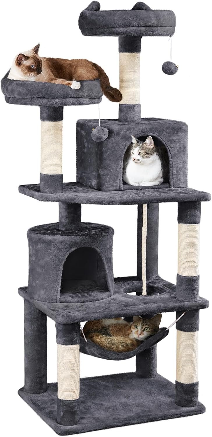 Yaheetech 62.5in Tall Cat Tree with 2 Cat-Ear Perches & 2 Condos, Dark Gray | Multi-level cat tower with scratching posts, hammock, sturdy 24 x 19in base and 88 lb capacity for medium & large indoor cats