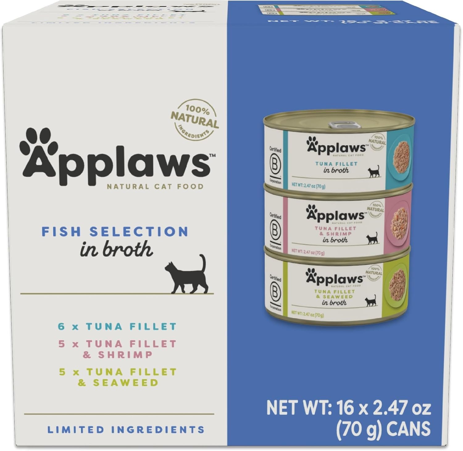 Applaws Fish Variety in Broth Wet Cat Food, 3-Flavor 16-Pack 2.47 oz Cans | 100% Natural, High Quality Ingredients, High Protein, No Artificial Additives, Limited Ingredients