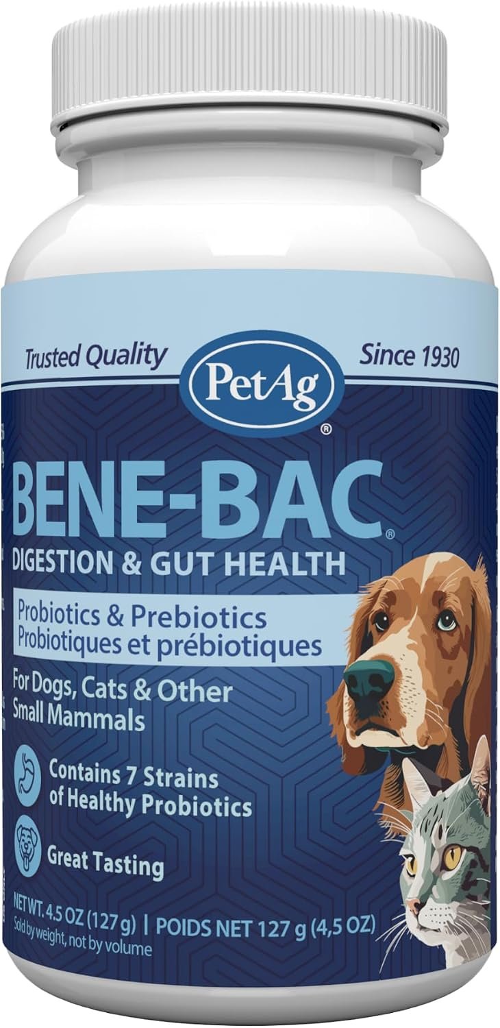 PetAg Bene-Bac – 4.5 oz Powder – Probiotics for Dogs, Cats, Exotic & Wildlife Mammals