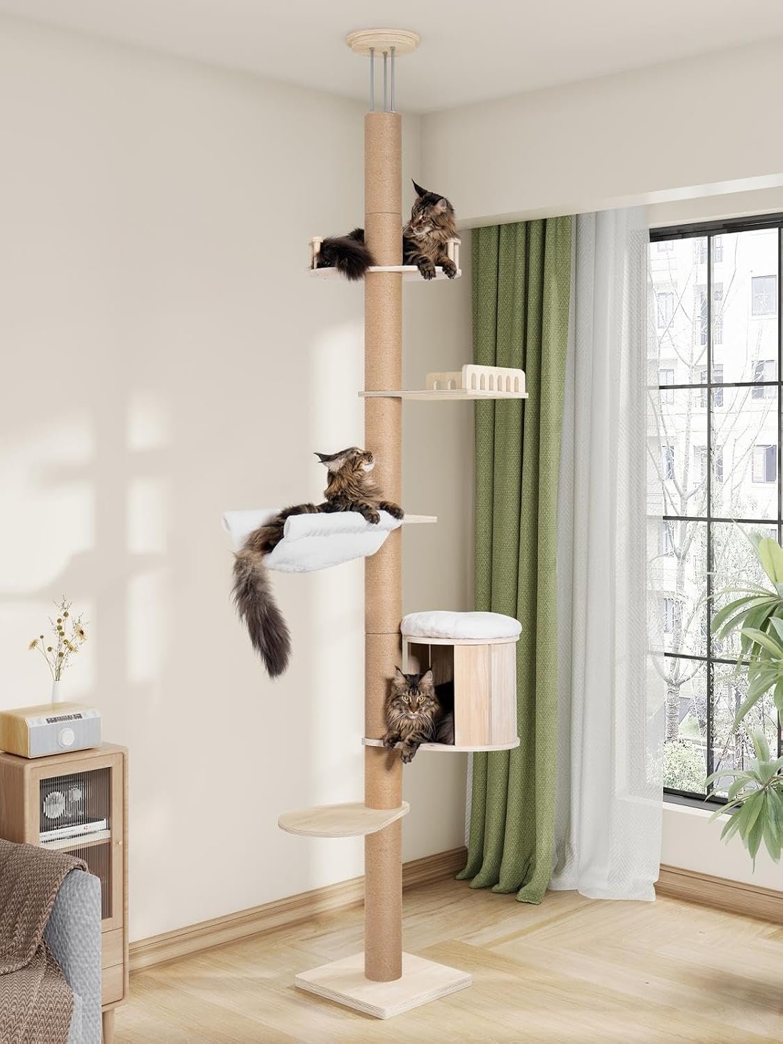 Aechonow 10.2ft Floor to Ceiling Cat Tree for Large Cats, Tall Cat Tower | with Scratching Post, Adjustable Height(82-122 in), Large Condo Cave Bed Hammock for Indoor Cats, Wood