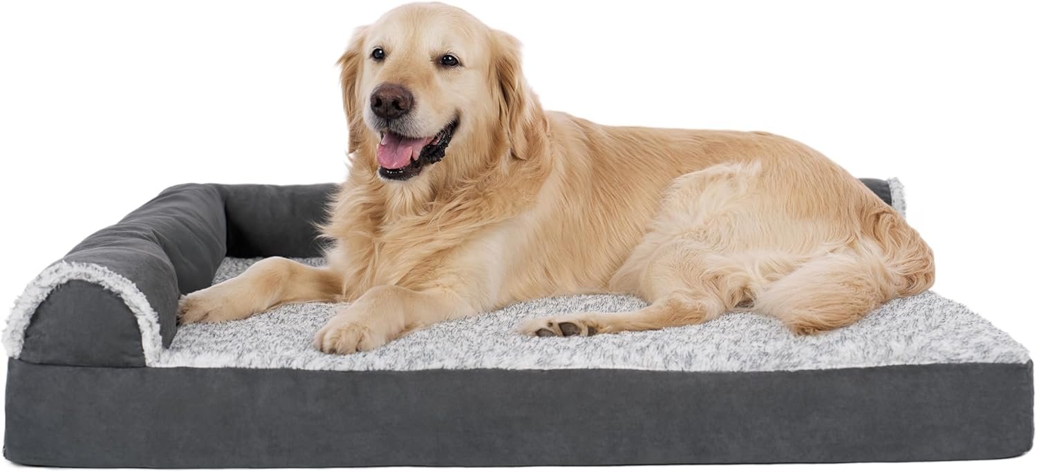 Furhaven Orthopedic Dog Bed for Large Dogs w/ Removable Bolsters & Washable Cover, For Dogs Up to 95 lbs – Two-Tone Plush Faux Fur & Suede L Shaped Chaise – Stone Gray, Jumbo/XL