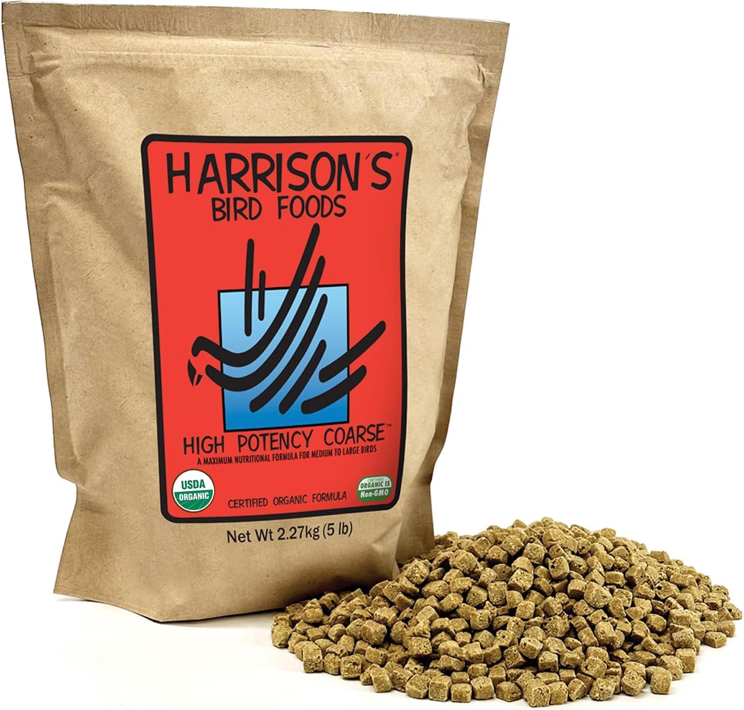 Harrison’s Bird Foods High Potency Coarse—Maximum Nutritional Formula for Medium to Large Birds, Certified Organic Non-GMO Pet Bird Food, Vet-Developed, Suitable for All Life Stages, 2.27 kg/ 5 lb