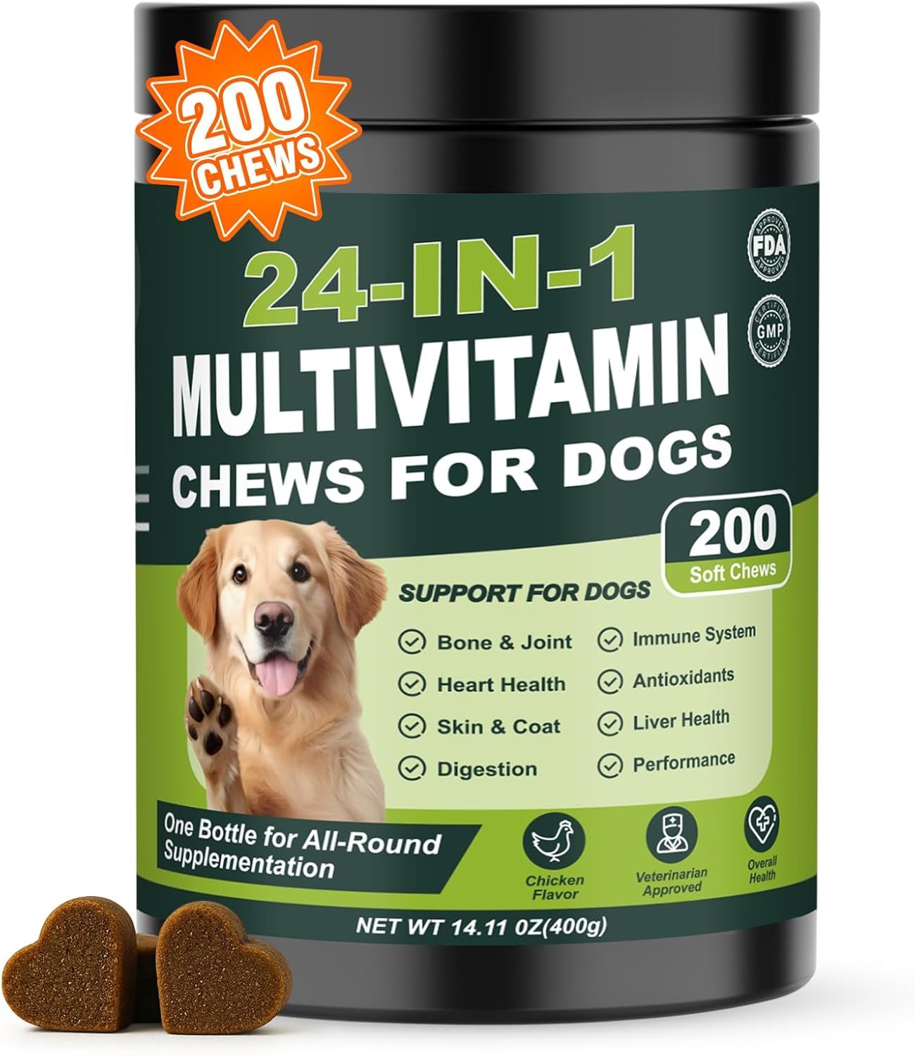 24-in-1 Dog Vitamins and Supplements 200 Ct Daily Multivitamin for Dogs | Hip & Joint, Skin, Digestion, Immune, Heart, Brain, Eye Health Support with Glucosamine, Probiotics, Omega 3 – Chicken