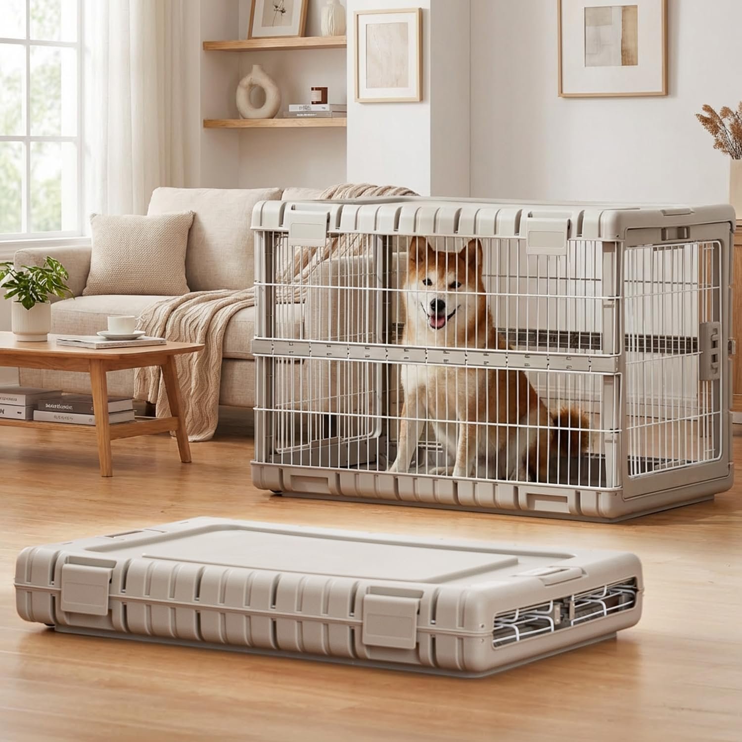 ZOMISIA Collapsible Dog Crate for Large Dogs – 36″ L Heavy Duty Dog Kennel No Tools Required with 4 Sides Steel Foldable Cage for Dogs Indoor Furniture, Portable Carrier with 2 Smooth Wheels, Beige