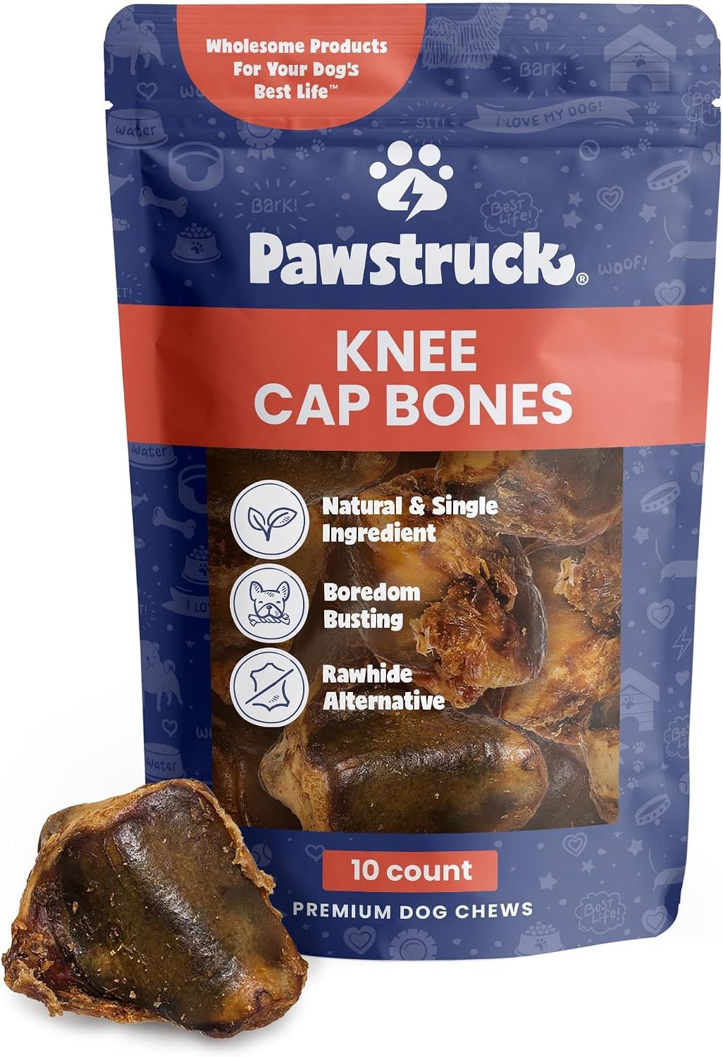 Pawstruck Natural Knee Cap Dog Bones – Treats for Aggressive Chewers, Low Fat & High Protein Chews, Beef Flavor, Long-Lasting Rawhide Alternatives – 10 Pack, Packaging May Vary