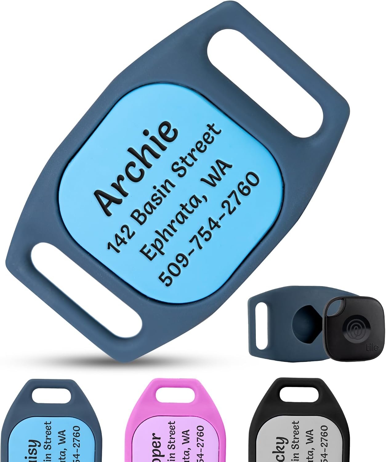 GoTags Designed for Life360 Tile Engraved Dog Collar Holder, Personalized Case for Pet Collar, Up to 4 Lines of Custom Text, Slide On Tag for GPS Dog Tracker, Compatible with iOS Android (Tile, Large)
