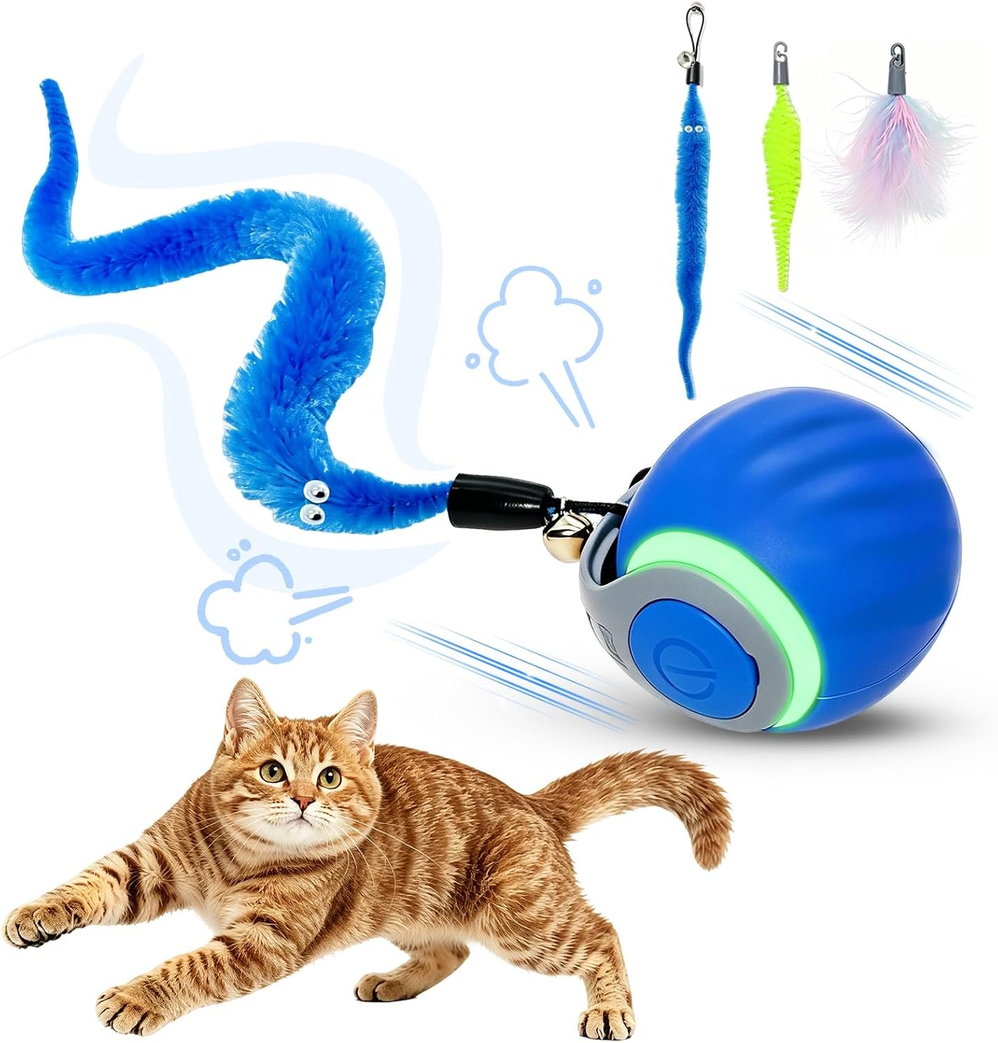Interactive Cat Toy Ball – Automatic Moving Cat Ball for Indoor Cats with 3 Tails, Rechargeable Silent Kitten Toy for Boredom & Exercise, Rolling Ball Toy with 2 Modes & 2 Speeds.