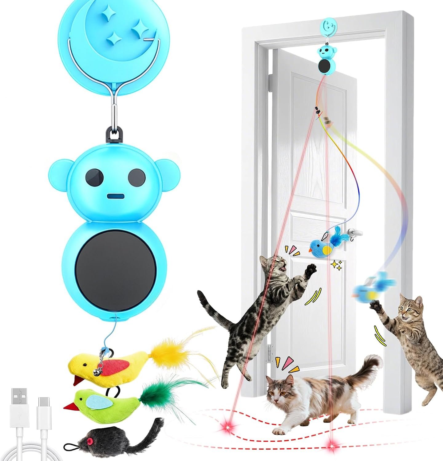 Interactive Cat Toys for Indoor Cats: 2-in-1 Laser Pointer Cat Toy with Automatic Flying Bird & Mouse Wand, Adjustable Speed USB Rechargeable Doorway Hanging Toy for Bored Kittens and Adult Cats