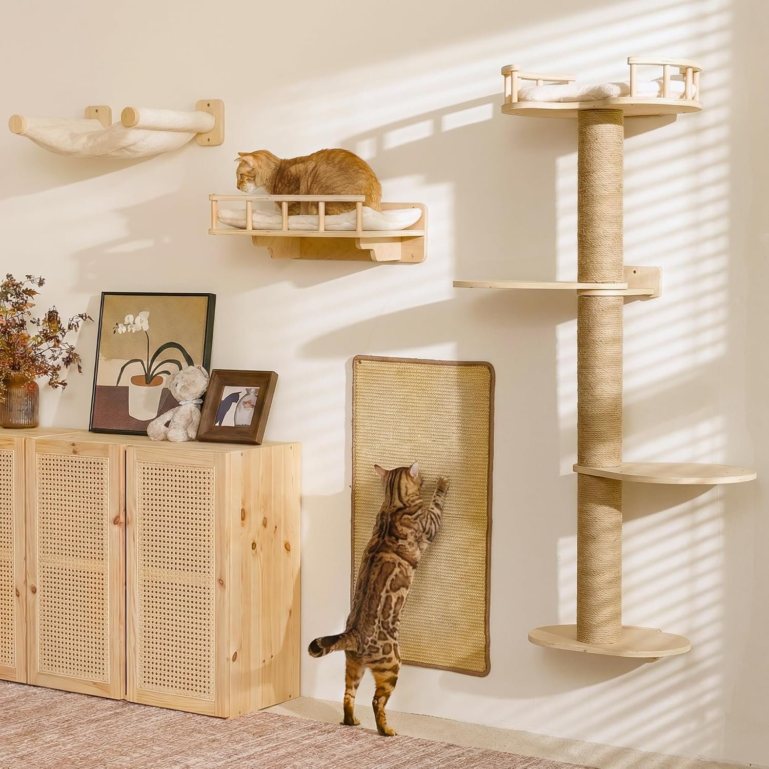 FUKUMARU Cat Wall Shelves, 4 in 1 Set, Beige | Stable Wooden Wall-Mounted Furniture Set, Climbing Tree with Hammock, Bed, Perch and Scratching Mat