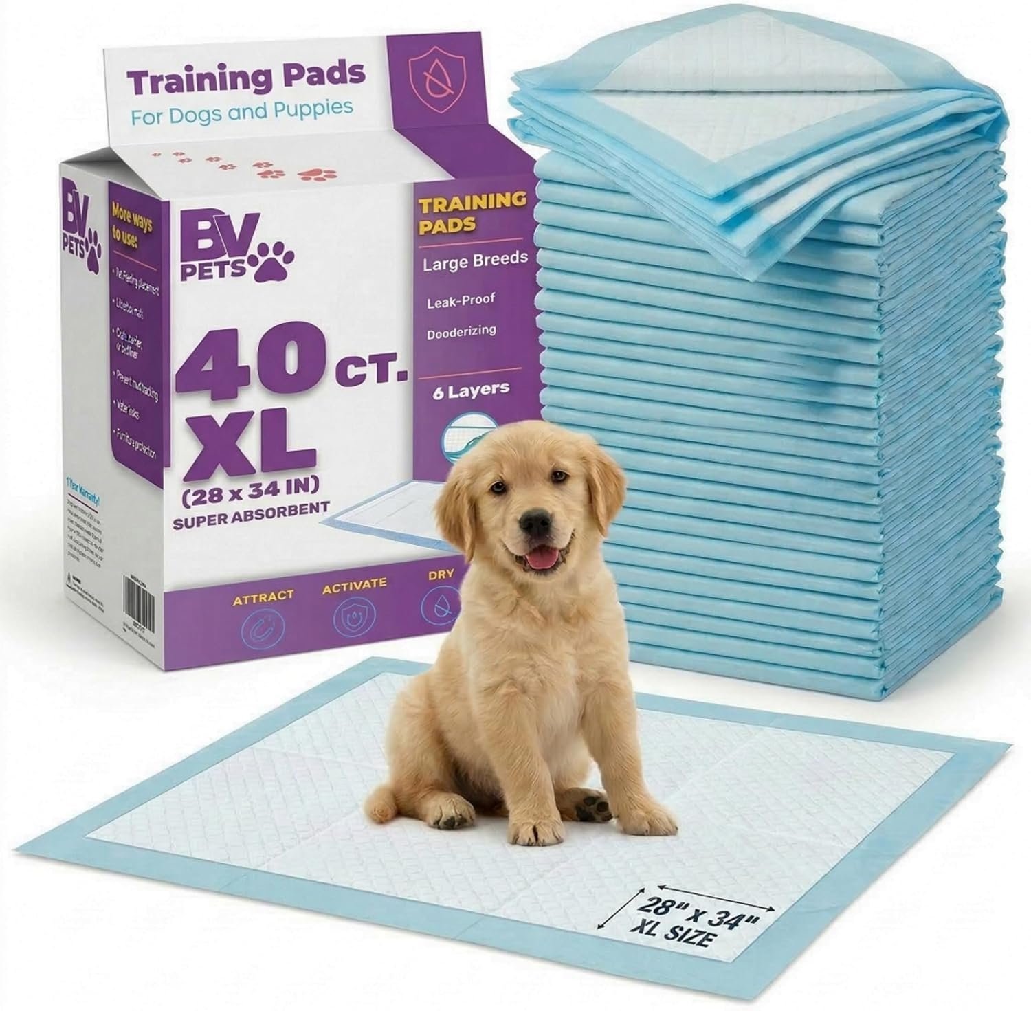 BV Puppy Pads XL 40 Count 34″x28″ – Leak-Proof Pee Pads for Dogs with 6-Layer Design, Rapid Dry Sheet & Attractant – Dog Pad Extra Large with Odor Control – Perfect for Big Dogs & Indoor Use
