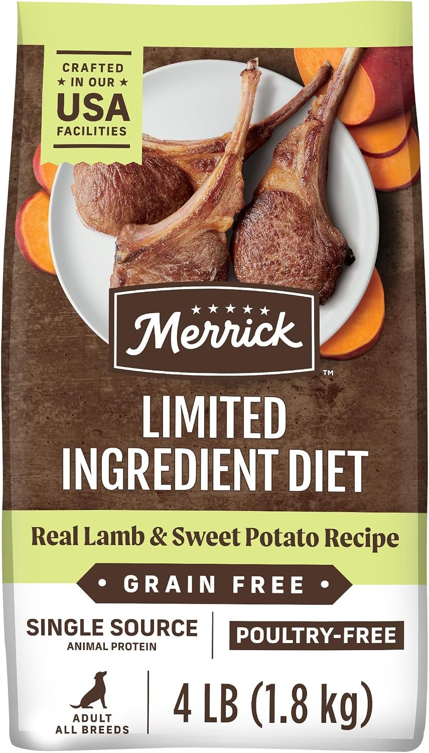 Merrick Limited Ingredient Diet Grain Free Dry Dog Food, Premium and Healthy Kibble with Lamb and Sweet Potato – 4.0 lb. Bag
