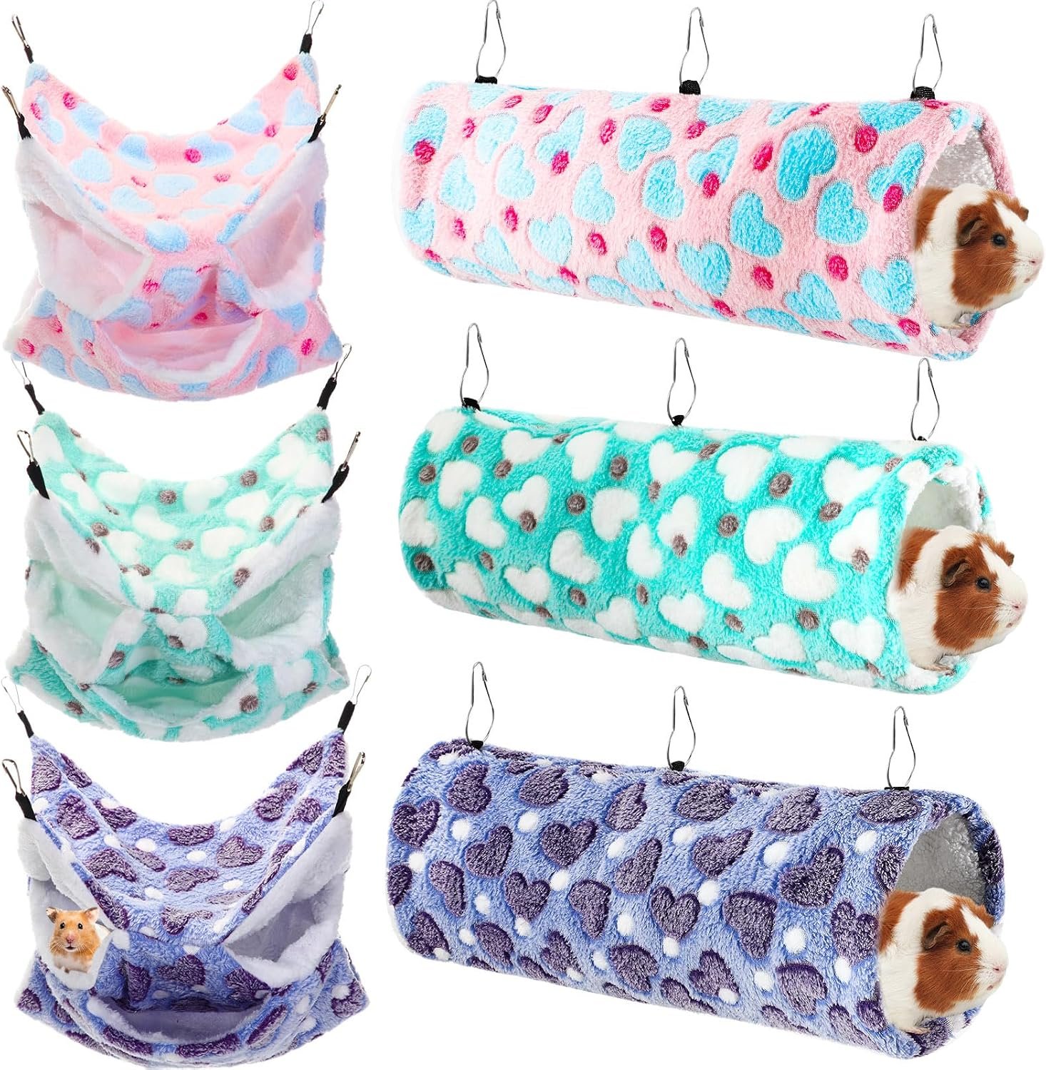 6 Pcs Rat Hammock Set Ferret Hanging Tunnel 3 Tier Guinea Pig Hammocks Hideout Soft Chinchilla Bed for Cage Accessories Hide,Play and Sleep(Lovely,Heart)