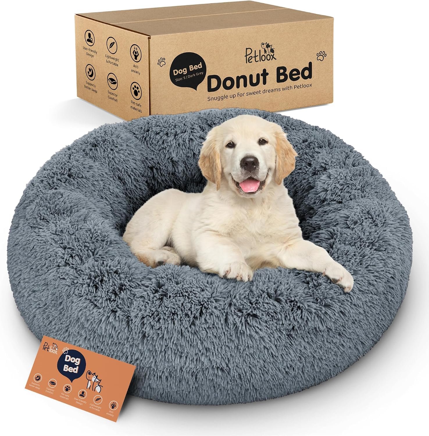 Donut Dog Bed – Premium Comfort for Anxiety Relief – Fluffy & Calming Design with Ultra-Plush Support | Cozy Round Dog Bed with Super Soft Circle Style (Dark Grey, Small)