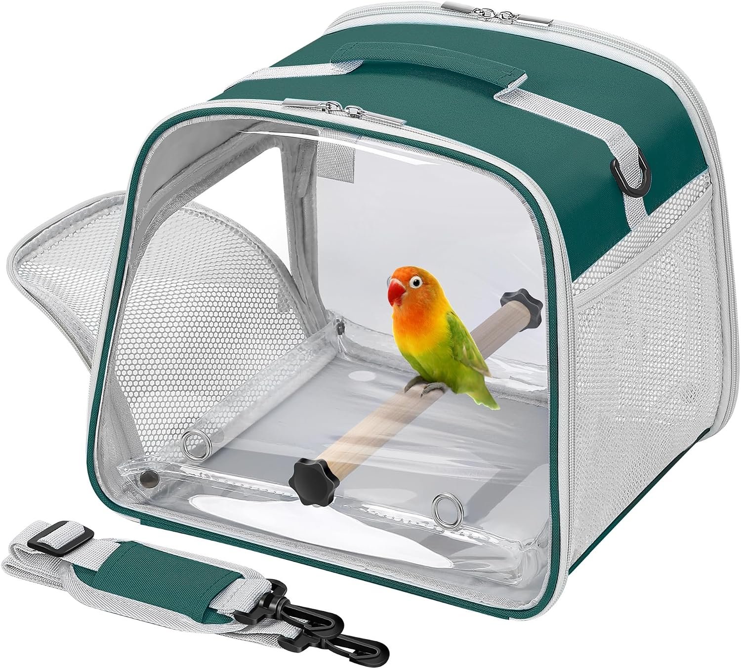 Small Bird Carrier, Large Window Travel Cage with Stand and Easy Clean Tray for Parrot Parakeet Cockatiels, Lightweight and Portable, Green