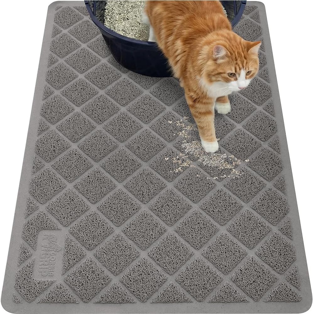 GORILLA GRIP Cat Litter Box Mat, 35×23, Cushioned Coil Mesh Litter Trapping Mats, Scatter Control Supplies for Less Mess, Phthalate Free, Ultra Deep Catch Grooves, Rinse or Vacuum to Clean, Gray