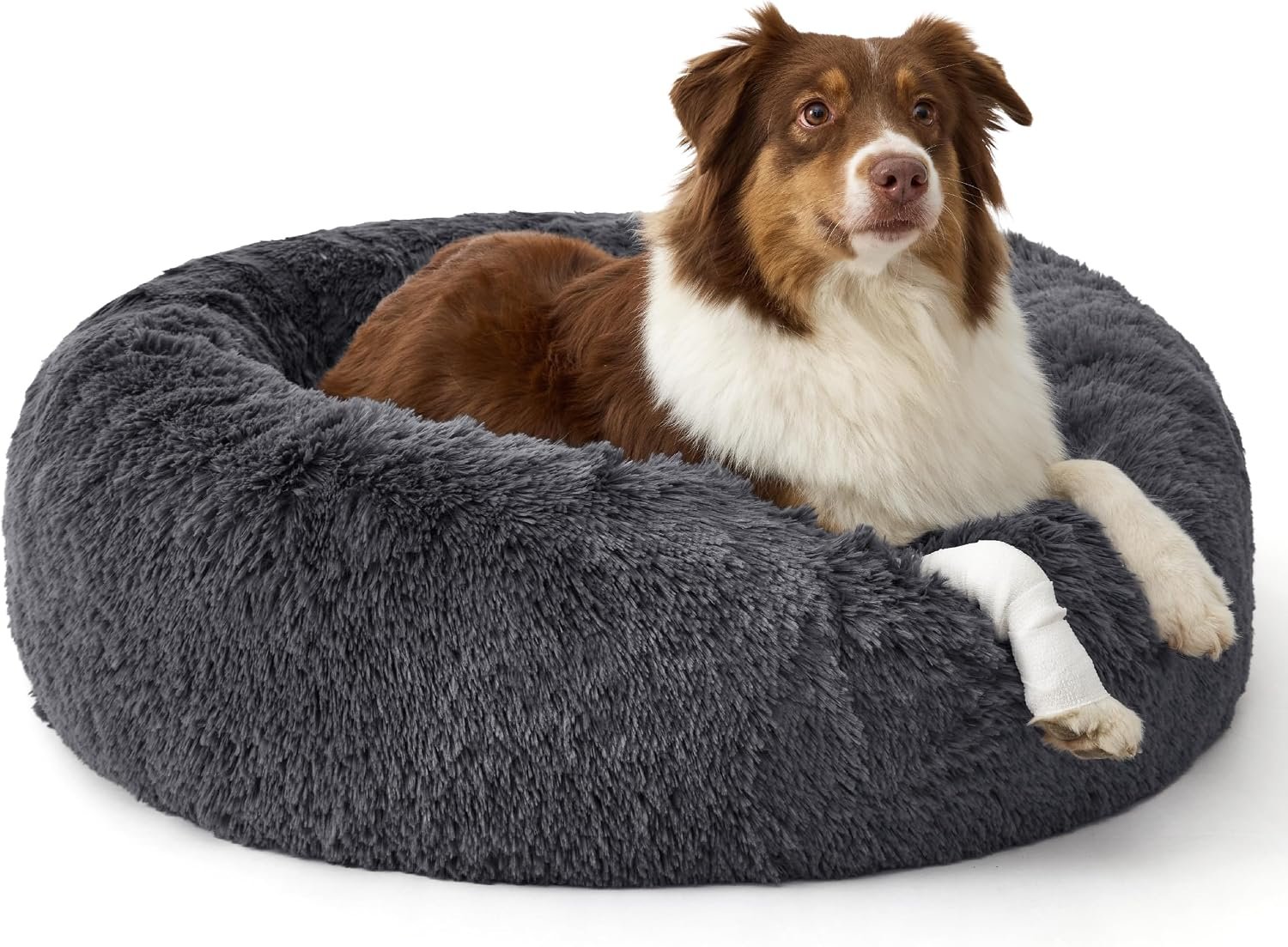 Bedsure SupportMax™ Calming Dog Beds Large Sized Dog Washable Pet Bed,36in | 420GSM Plush Fluffy Donut Round,Thick Supportive,Removable Cover,Anti-Slip,Anti-Anxiety,for Big Dogs Up to 80 Lbs,Dark Grey