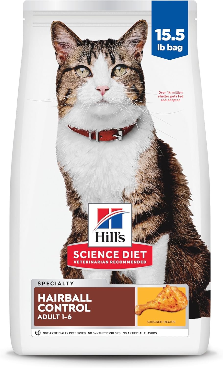 Hill’s Science Diet Adult 1-6 Hairball Control Dry Cat Food | #1 Veterinarian Recommended, Chicken Recipe, 15.5 lb. Bag