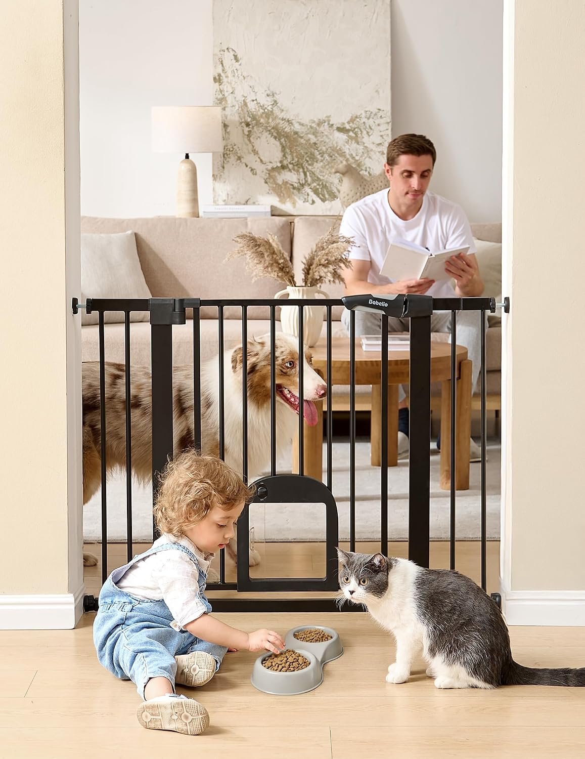 Babelio Baby Gate with Adjustable Cat Door, CatPrivilege III, 29-43″ | Auto-Close, Pressure Mounted with No Drilling, Dual Lock Safety Gates For Stairs, Doorways and House, Easy Walk Thru, Black