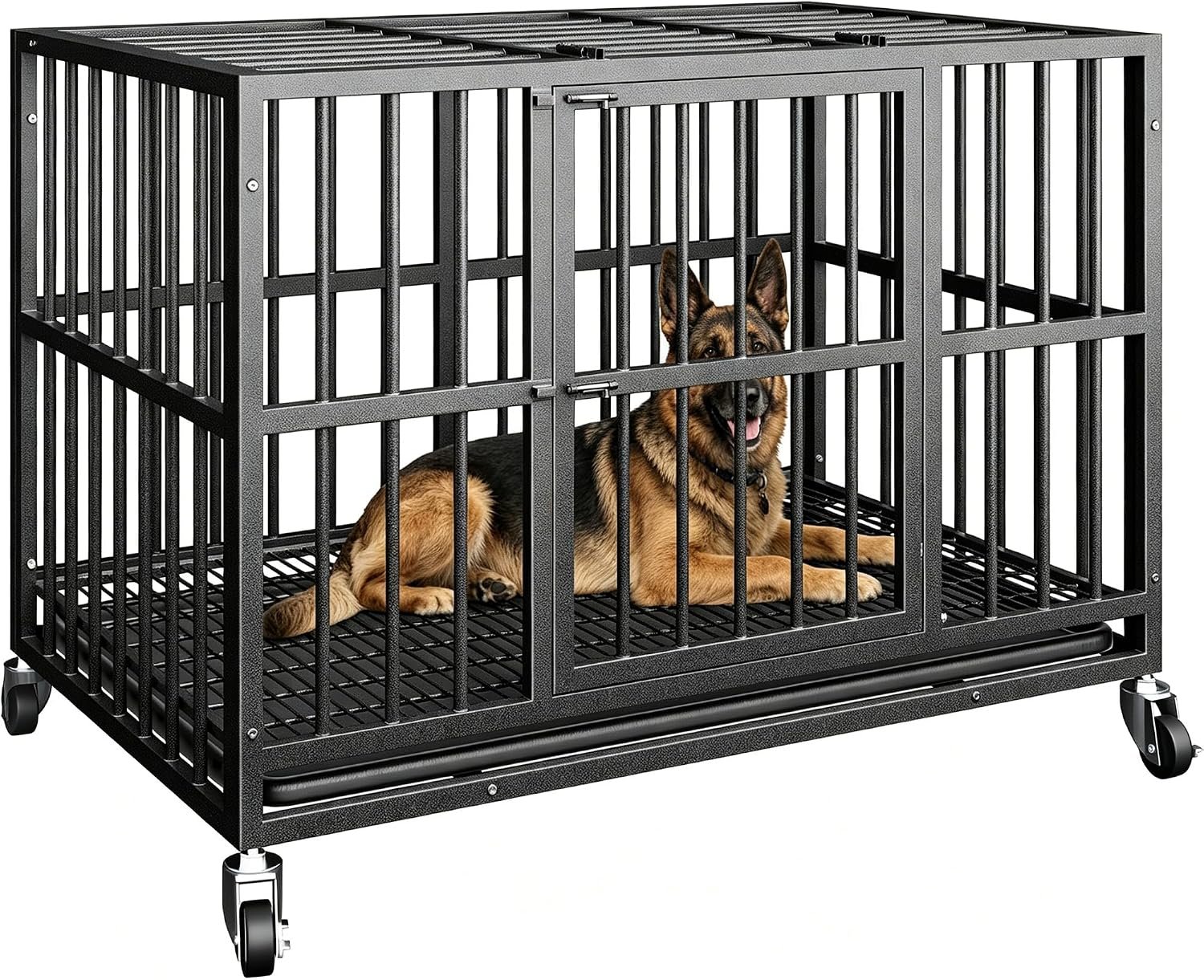 48 Inch Heavy Duty Dog Crate, Escape-Proof, Kennel for Large Dogs | Heavy duty steel, Chew-proof, Dual doors with escape-proof locks, Removable easy clean tray, Locking casters, Easy assembly