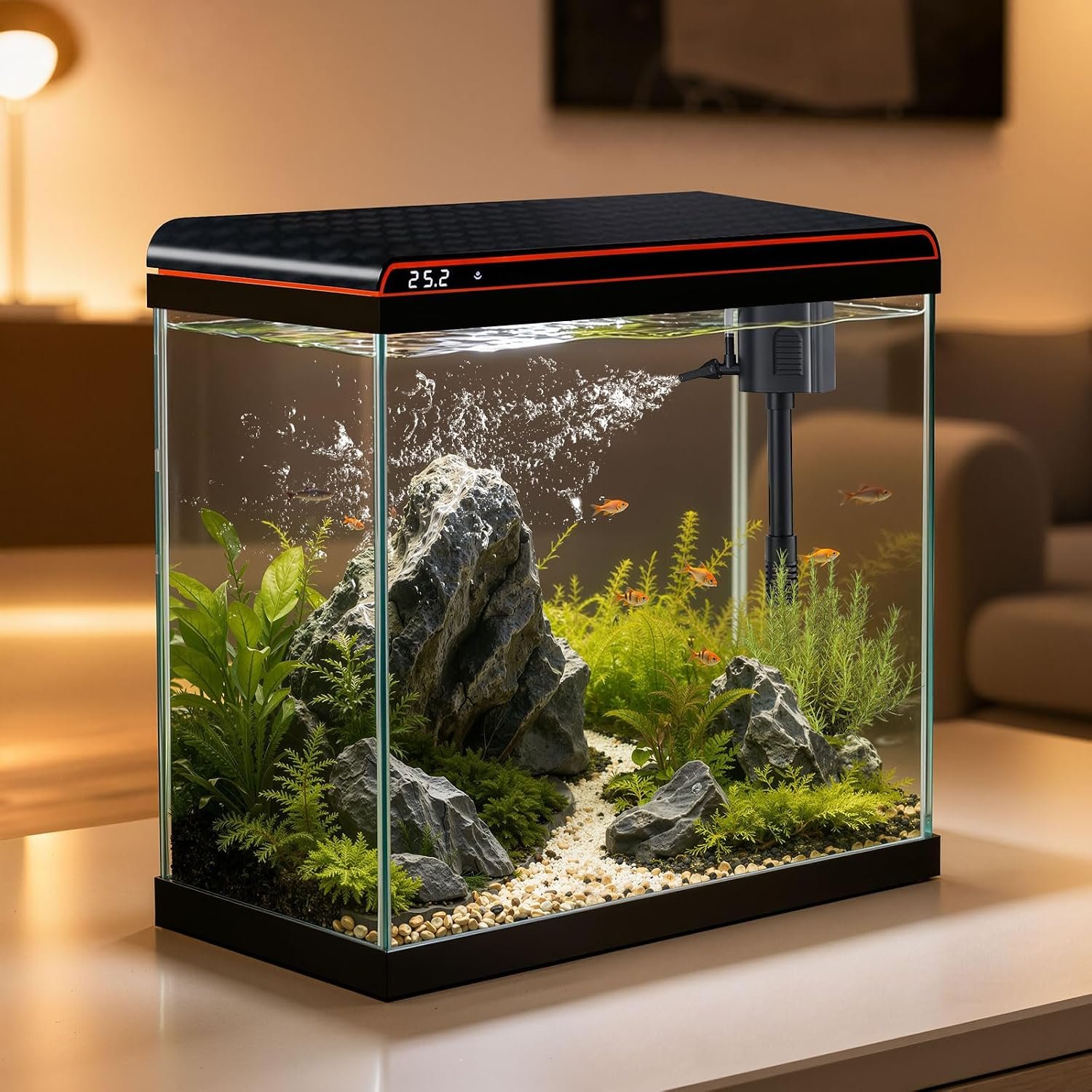 5 Gallon Fish Tank, 100% Glass Betta Small Fish Tank, Self-Cleaning Water Pump & 3-Color Light with Water Temperature Detection for Betta Shrimp Guppy Jellyfish Goldfish Beta, Gift for Room Decor Kid