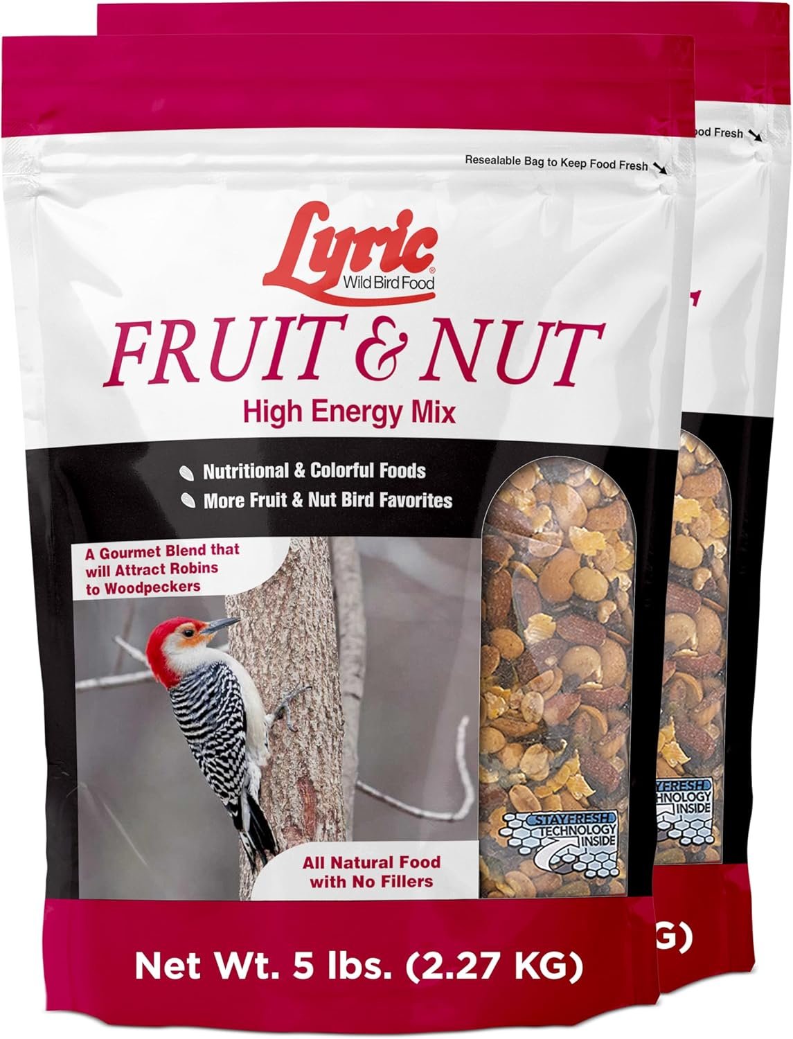 Lyric Fruit and Nut Wild Bird Seed – High Energy Wild Bird Food Mix – Attracts Woodpeckers, Chickadees & Other Songbirds – 10 lb. (pack of 2 – 5 lb bags) | Attracts Woodpeckers, Chickadees and other songbirds