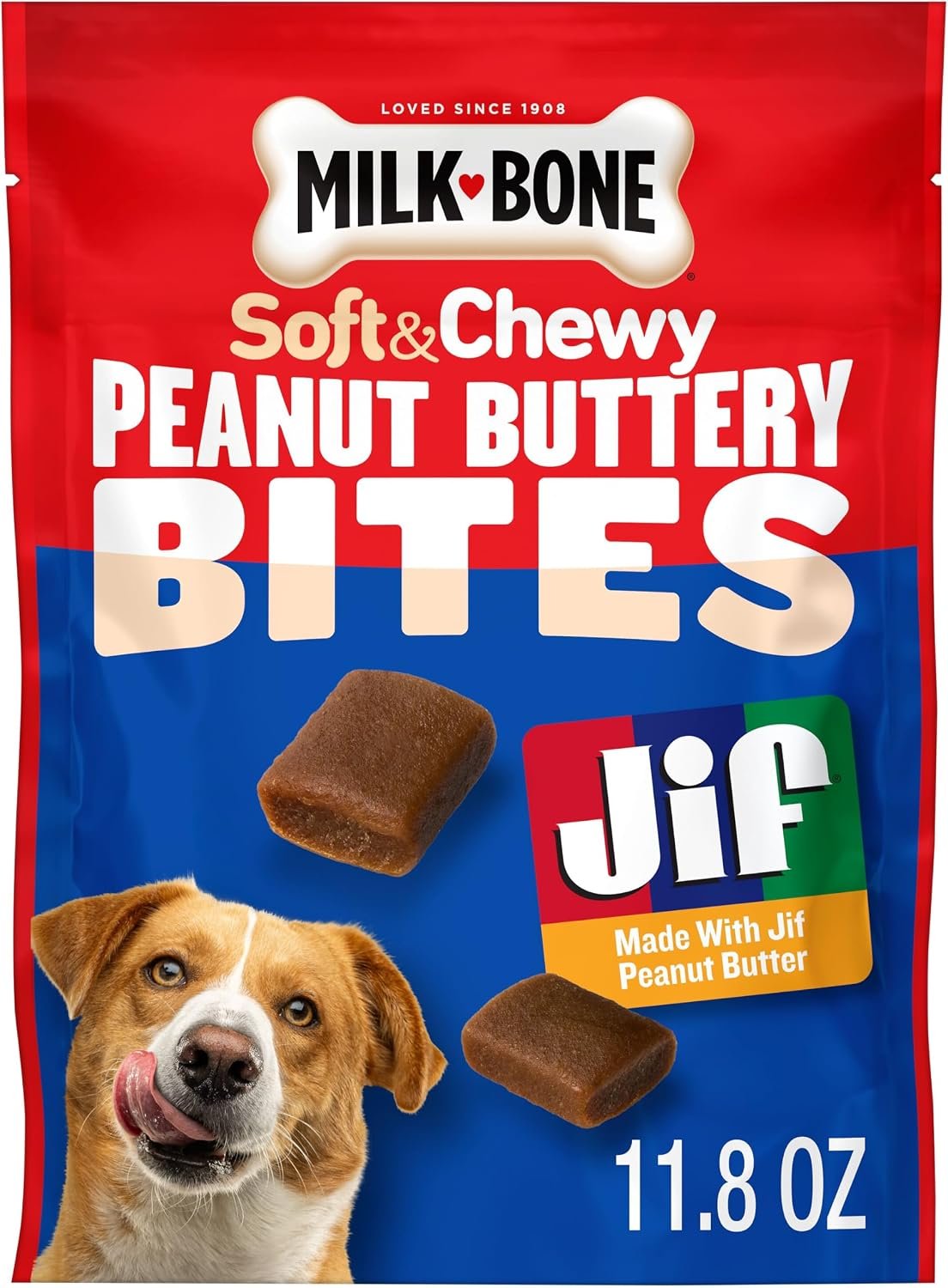 Milk-Bone Soft & Chewy Peanut Buttery Bites, 11.8 Oz. Bag | Soft dog treats with Jif peanut butter