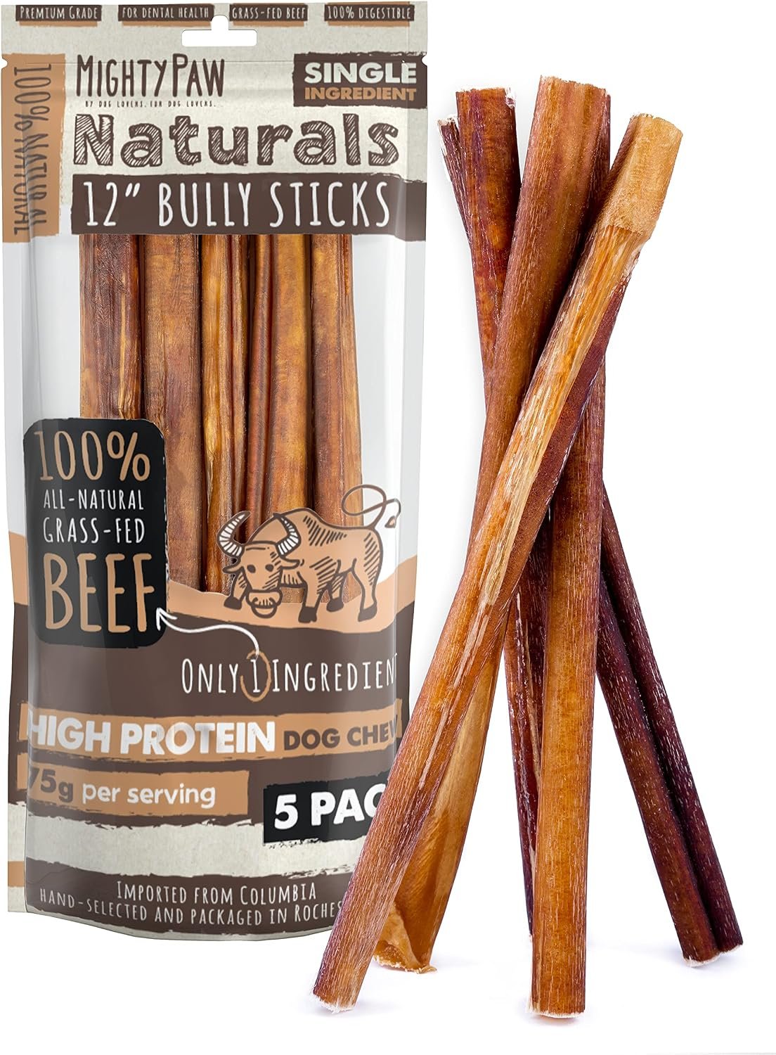 Mighty Paw 12″ Bully Sticks for Dogs – Large, Medium and Small Breeds Chew | Single Ingredient, Grass-Fed, Lower Odor, 5 Pack, High Protein, Boredom Buster, All-Natural Sticks