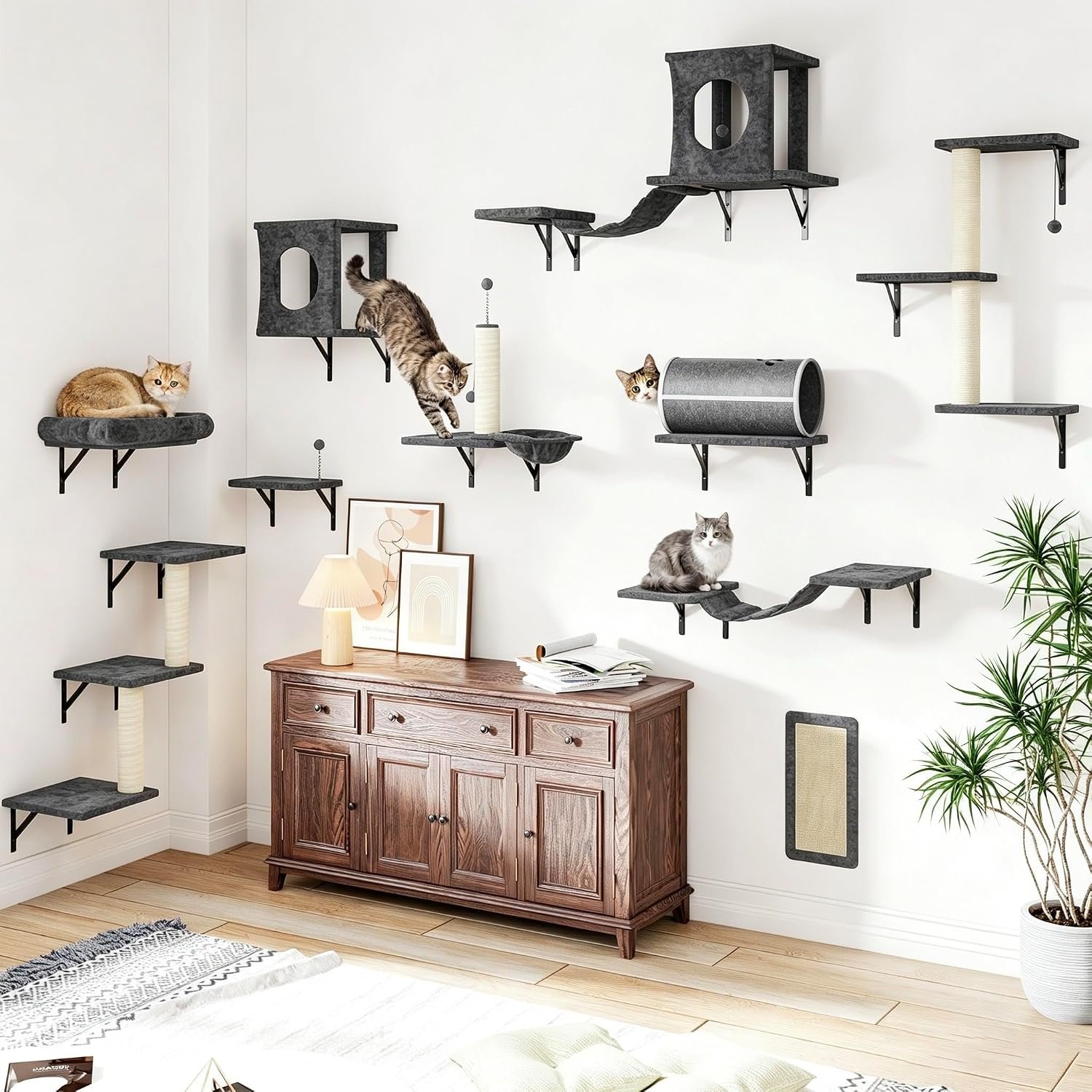 12-in-1 Cat Wall Shelves, Modern Wall-Mounted Cat Furniture | Wooden Climber Includes House, Bridge, Tree, Steps, and Scratcher, Space-Saving Cat Climbing Wall Systems, Dark Gray